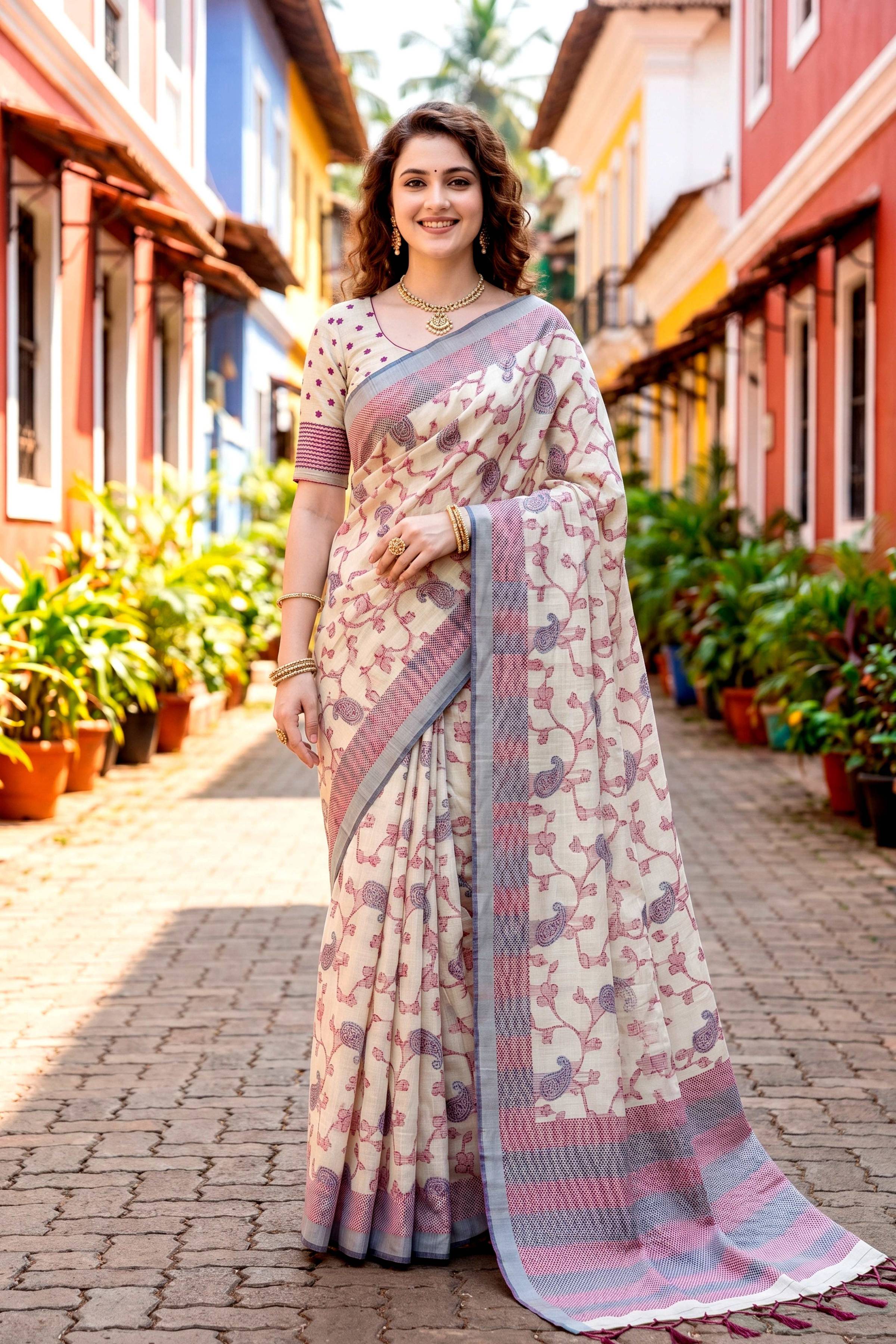 Sangam Prints Red Cotton Blend Woven Work Traditional Saree | Grocsy