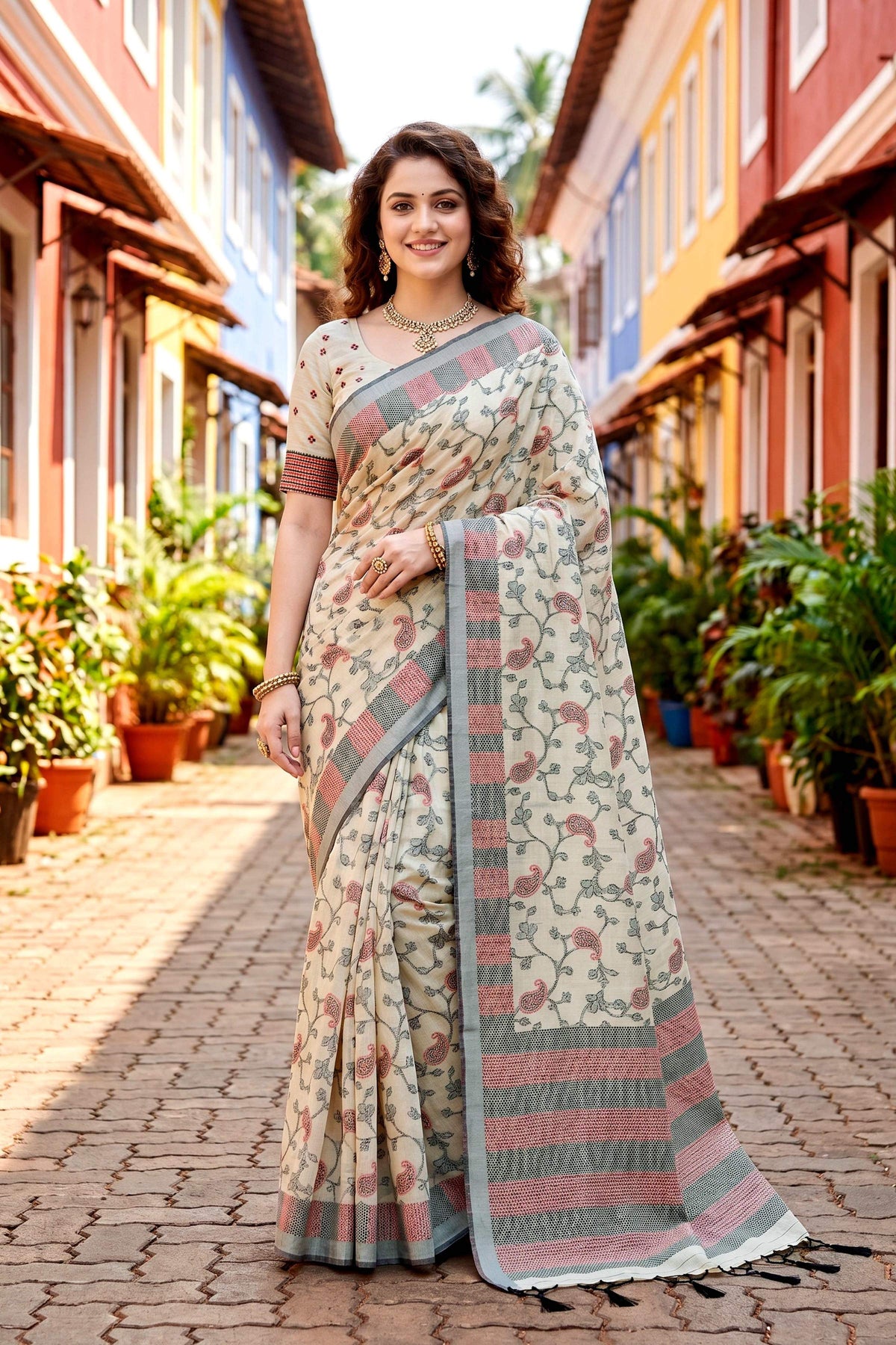Sangam Prints Purple Cotton Blend Woven Work Traditional Saree | Grocsy