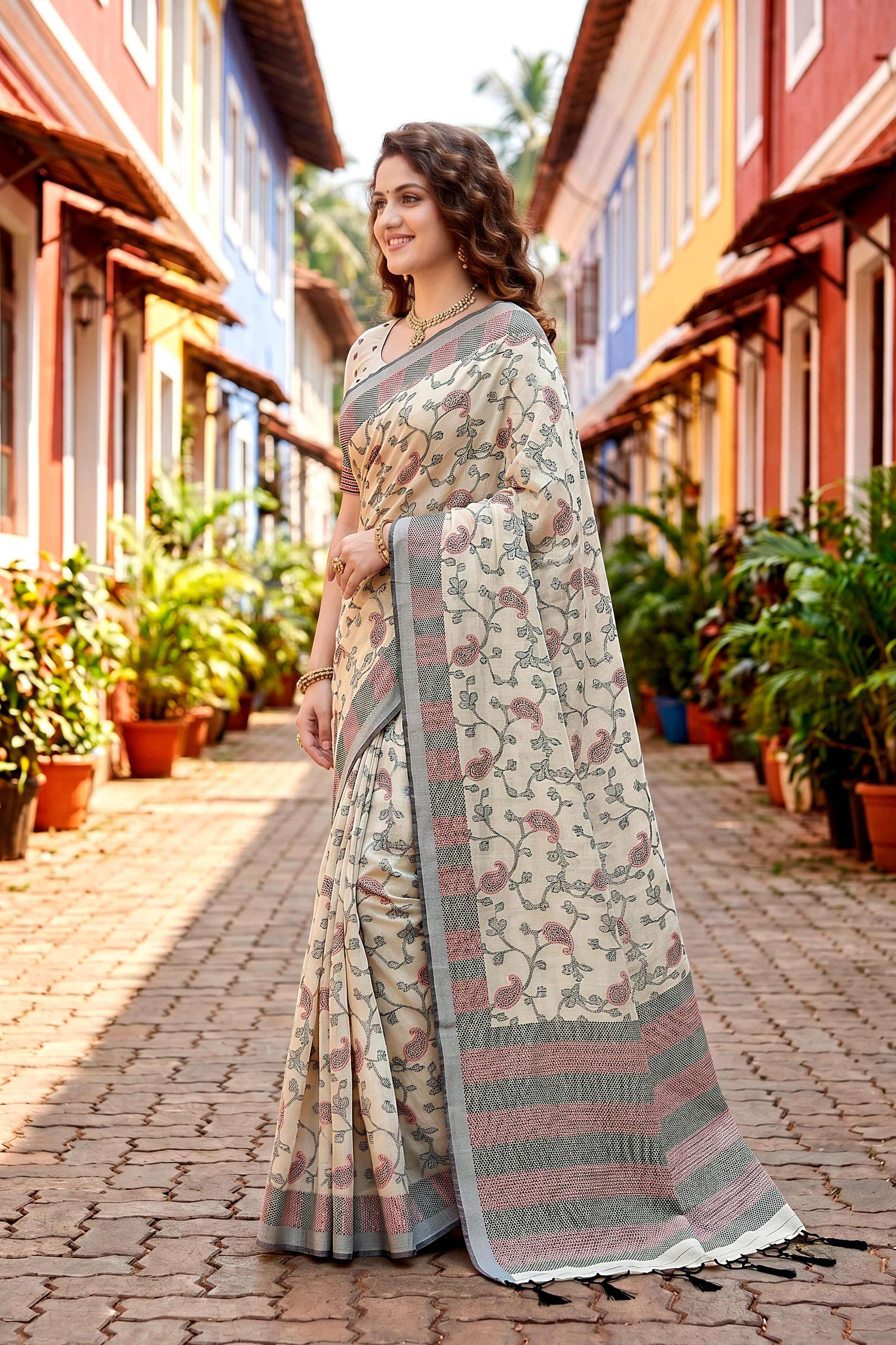 Sangam Prints Purple Cotton Blend Woven Work Traditional Saree | Grocsy