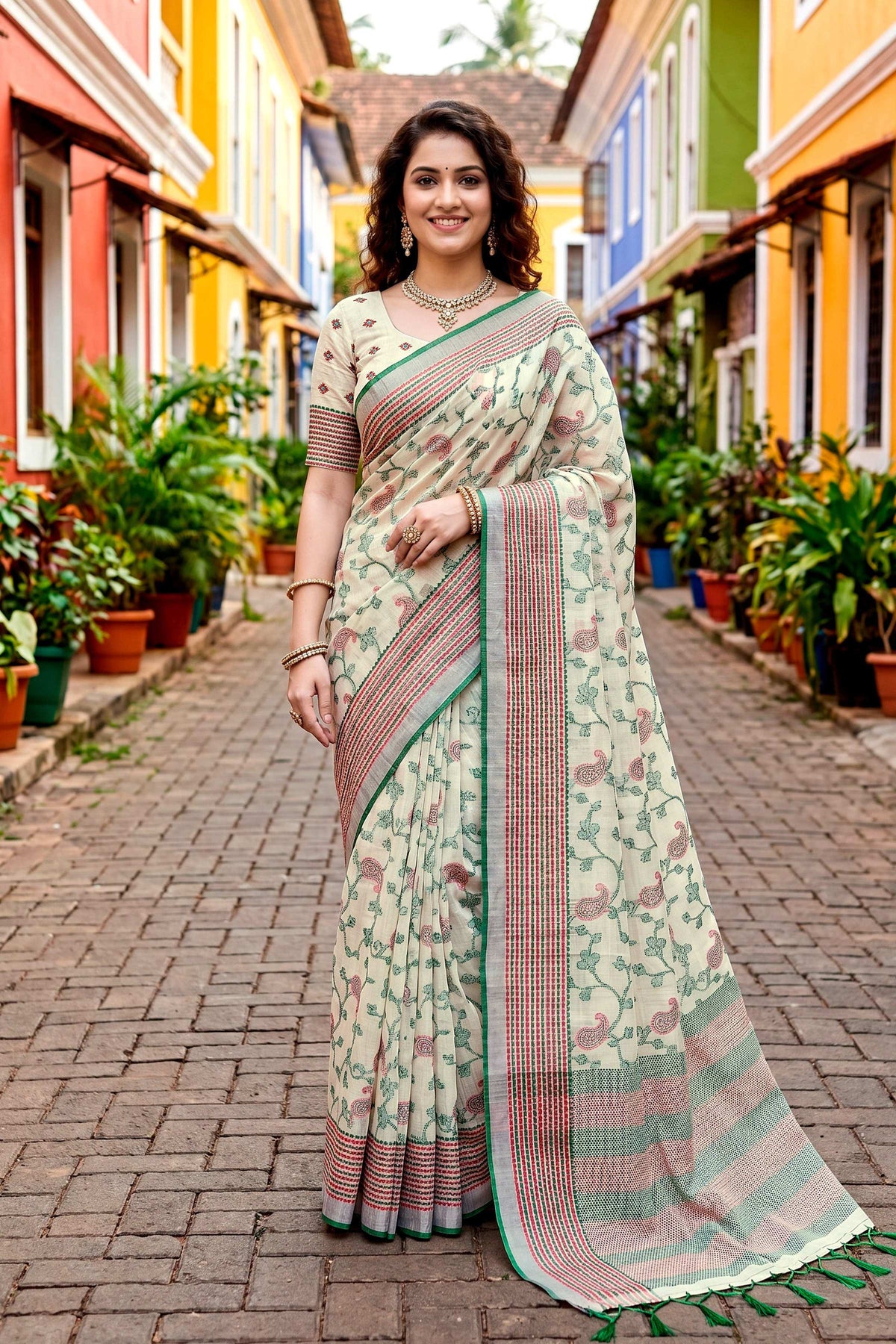 Sangam Prints Green Cotton Blend Woven Work Traditional Saree | Grocsy