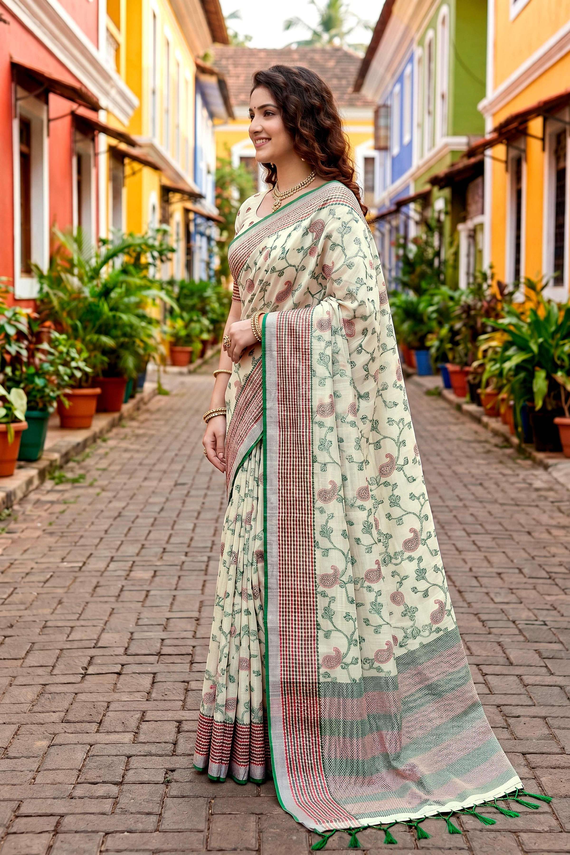 Sangam Prints Green Cotton Blend Woven Work Traditional Saree | Grocsy