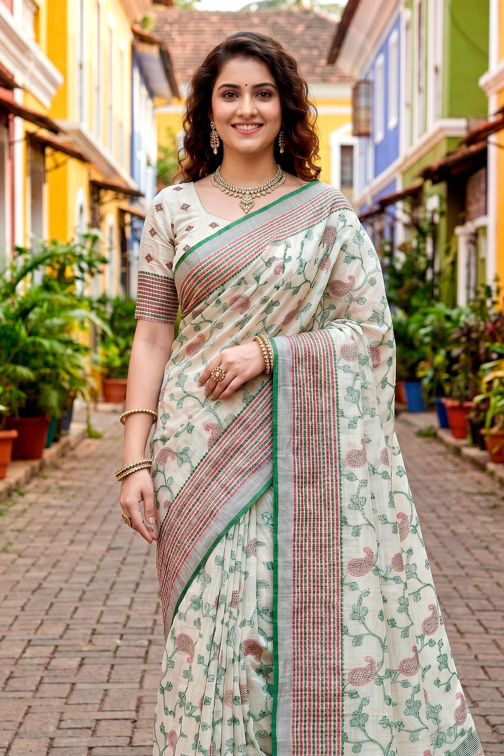 Sangam Prints Green Cotton Blend Woven Work Traditional Saree | Grocsy