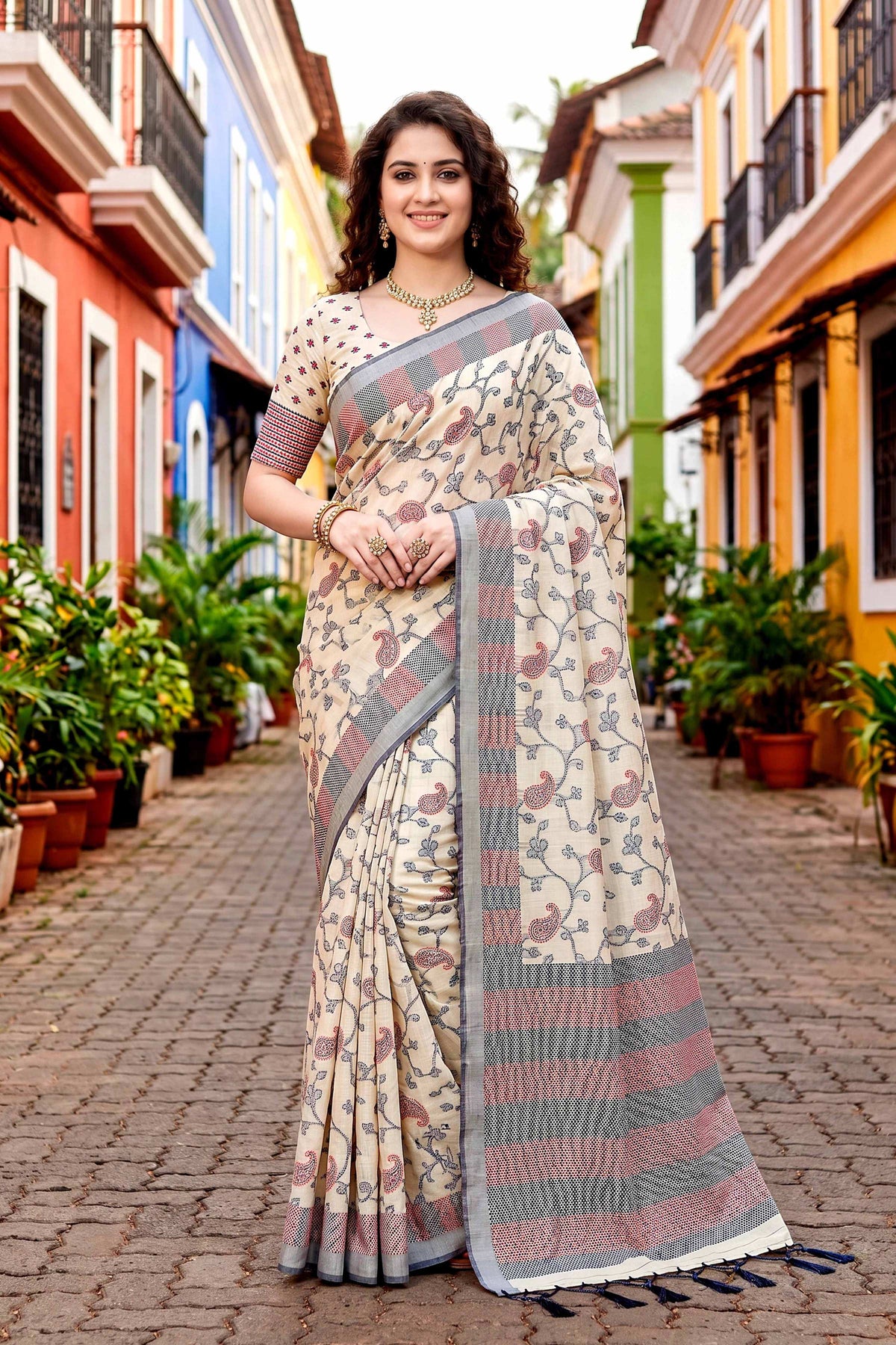 Sangam Prints Red Cotton Blend Woven Work Traditional Saree | Grocsy