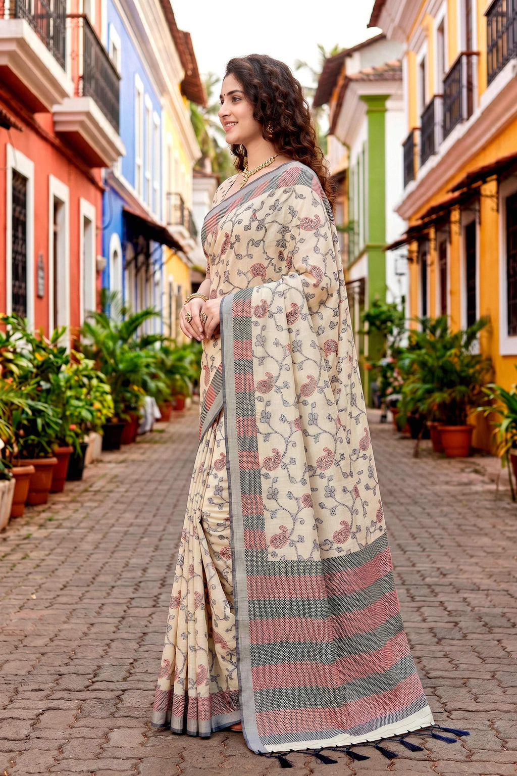 Sangam Prints Red Cotton Blend Woven Work Traditional Saree | Grocsy