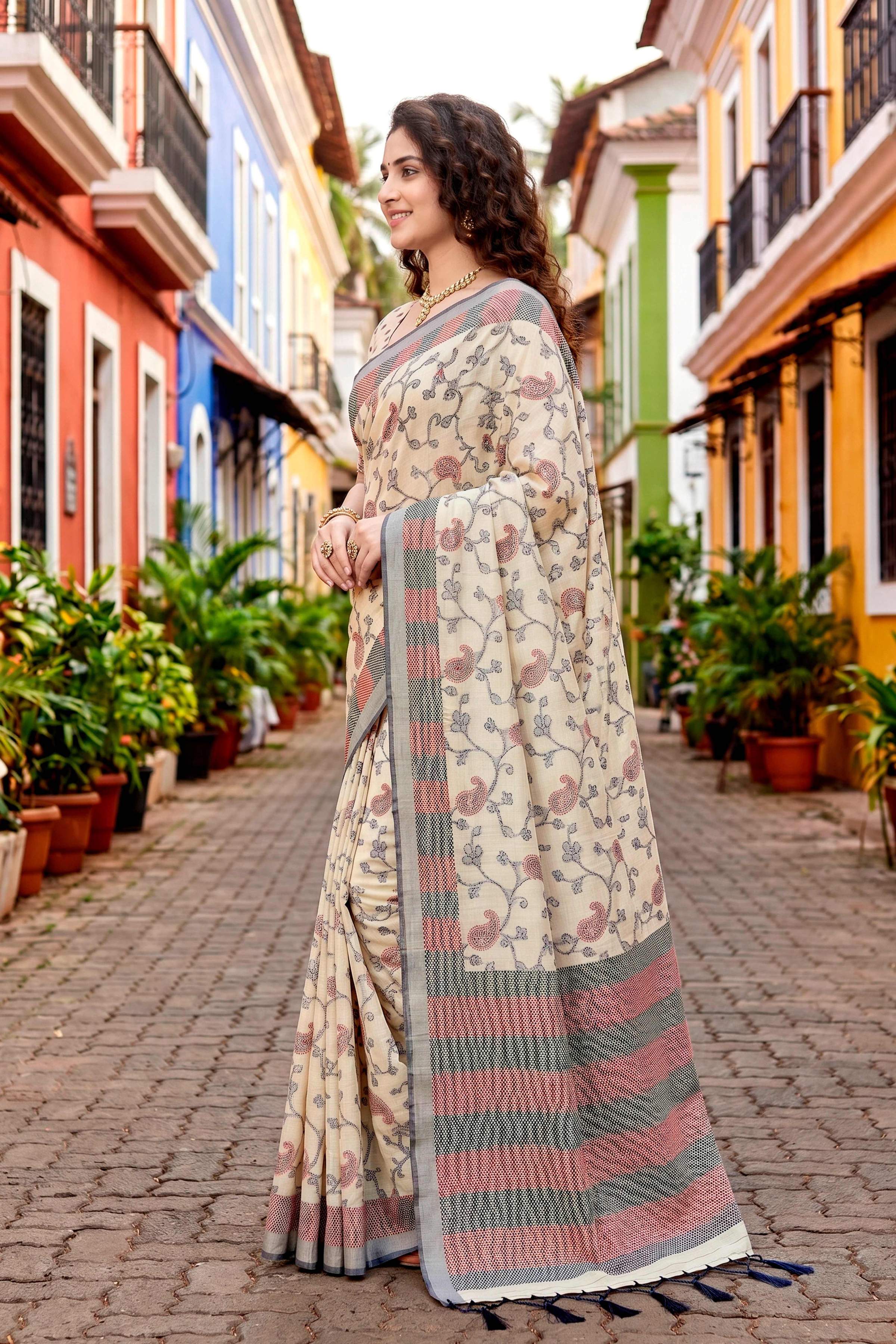 Sangam Prints Red Cotton Blend Woven Work Traditional Saree | Grocsy