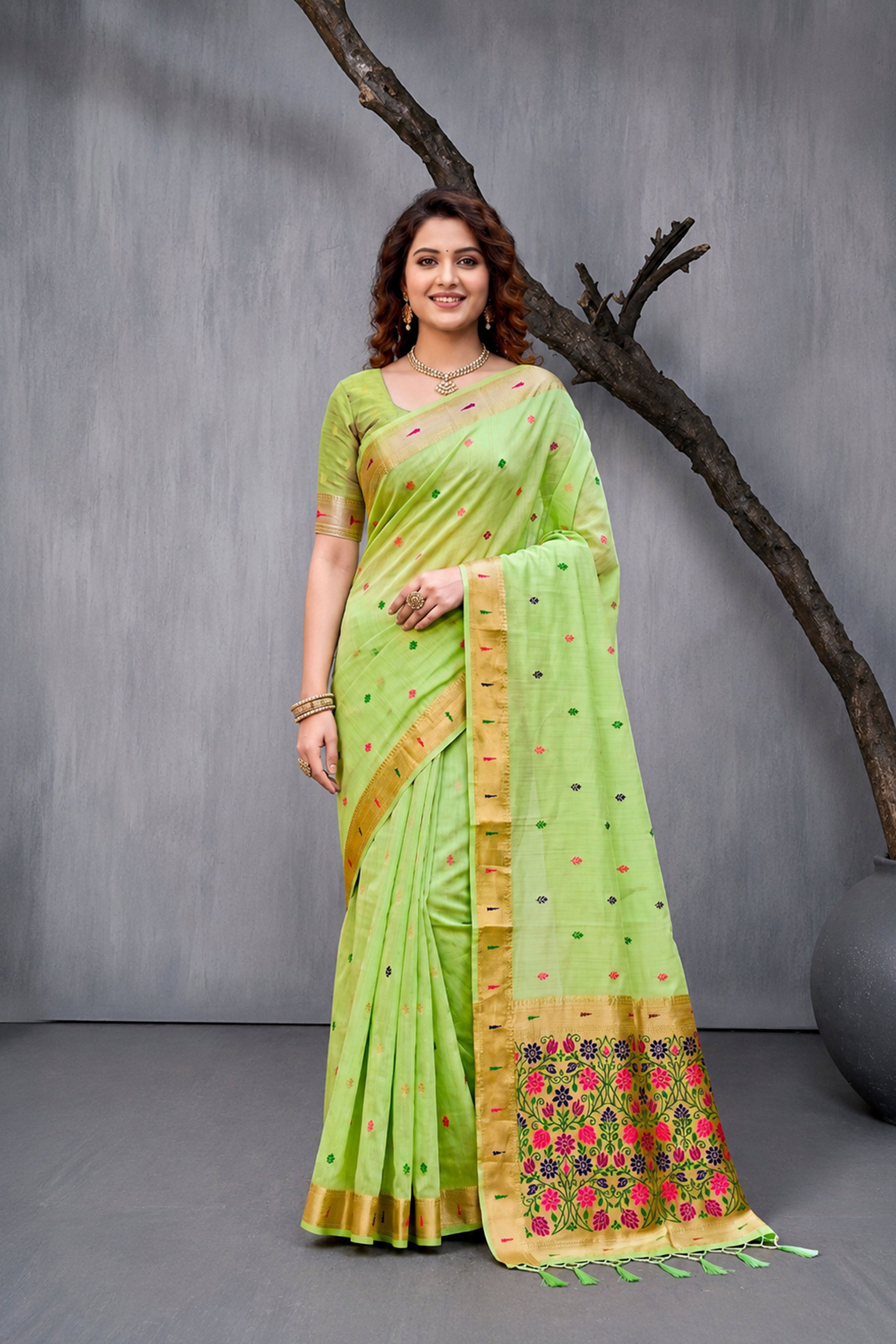 Sangam Prints Green Cotton Blend Woven Work Traditional Saree | Grocsy
