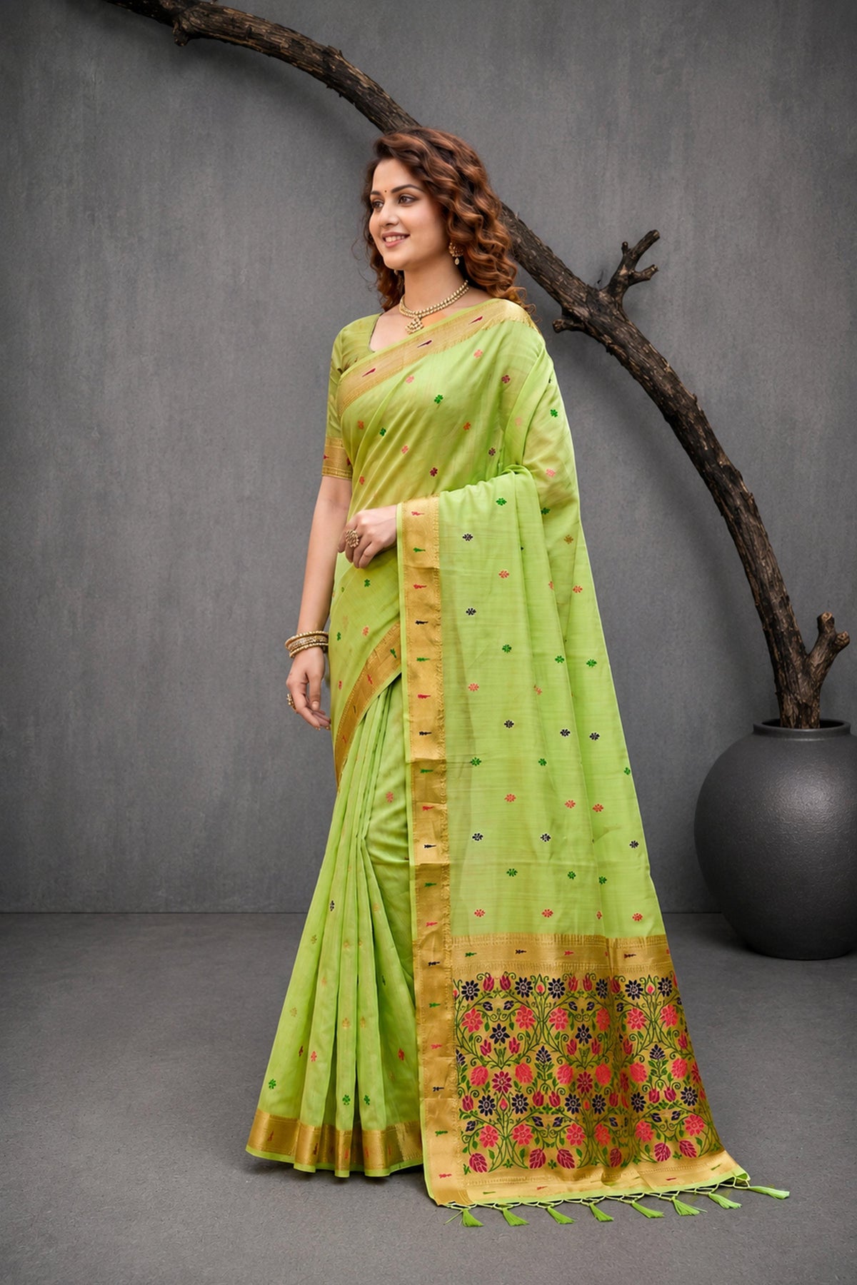 Sangam Prints Green Cotton Blend Woven Work Traditional Saree | Grocsy