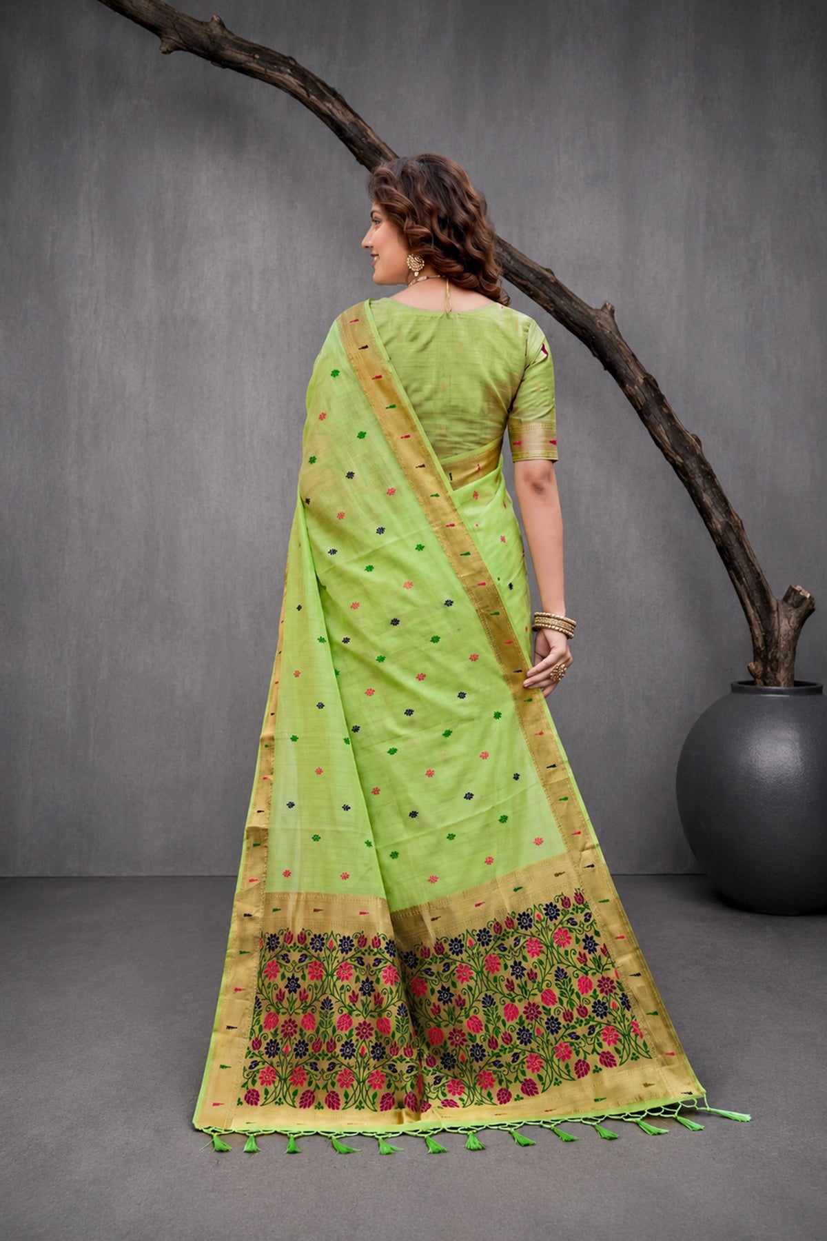 Sangam Prints Green Cotton Blend Woven Work Traditional Saree | Grocsy