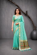 Sangam Prints Mint Green Cotton Blend Woven Work Traditional Saree | Grocsy
