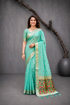 Sangam Prints Mint Green Cotton Blend Woven Work Traditional Saree | Grocsy