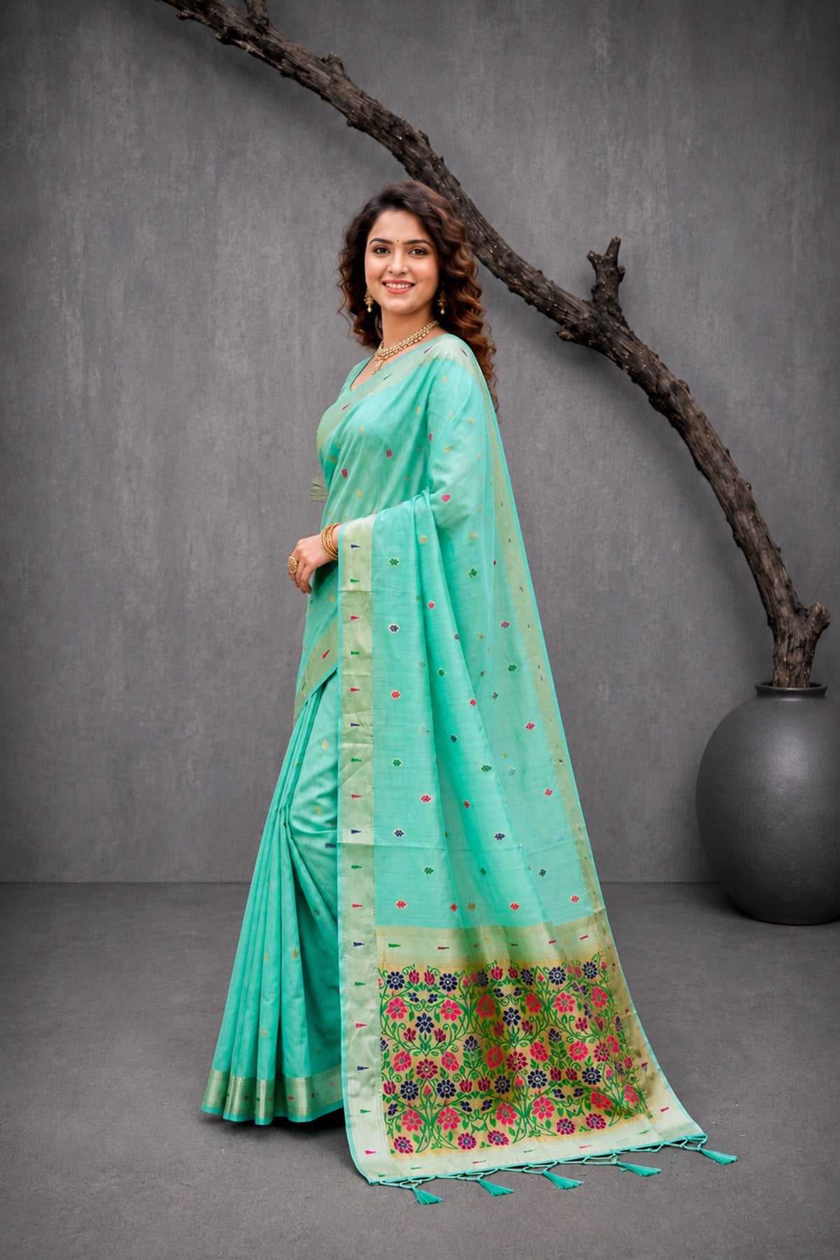 Sangam Prints Mint Green Cotton Blend Woven Work Traditional Saree | Grocsy