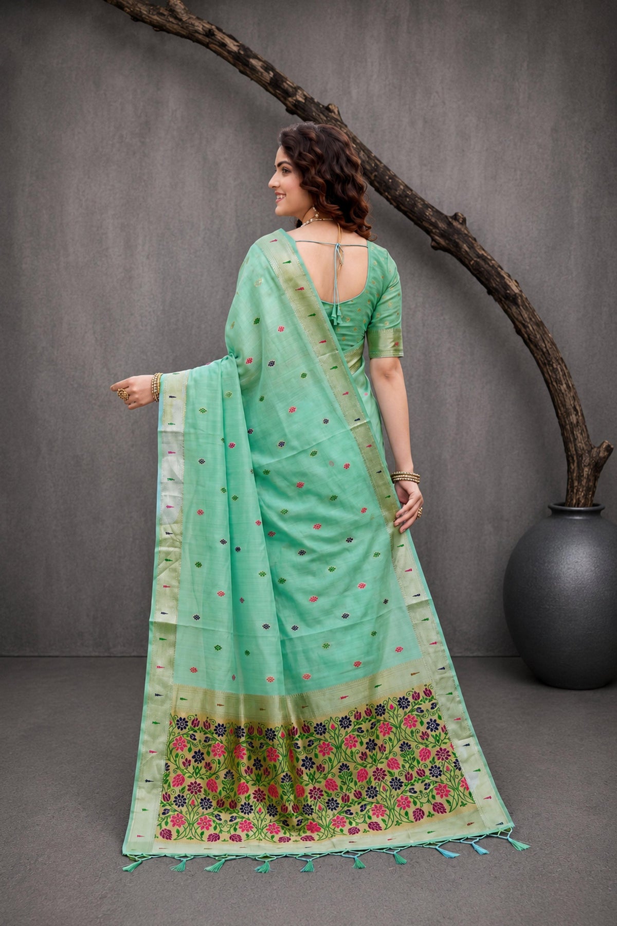 Sangam Prints Mint Green Cotton Blend Woven Work Traditional Saree | Grocsy