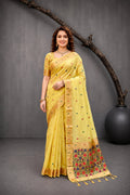 Sangam Prints Yellow Cotton Blend Woven Work Traditional Saree | Grocsy