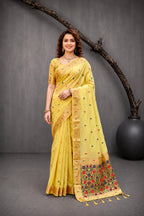 Sangam Prints Yellow Cotton Blend Woven Work Traditional Saree | Grocsy