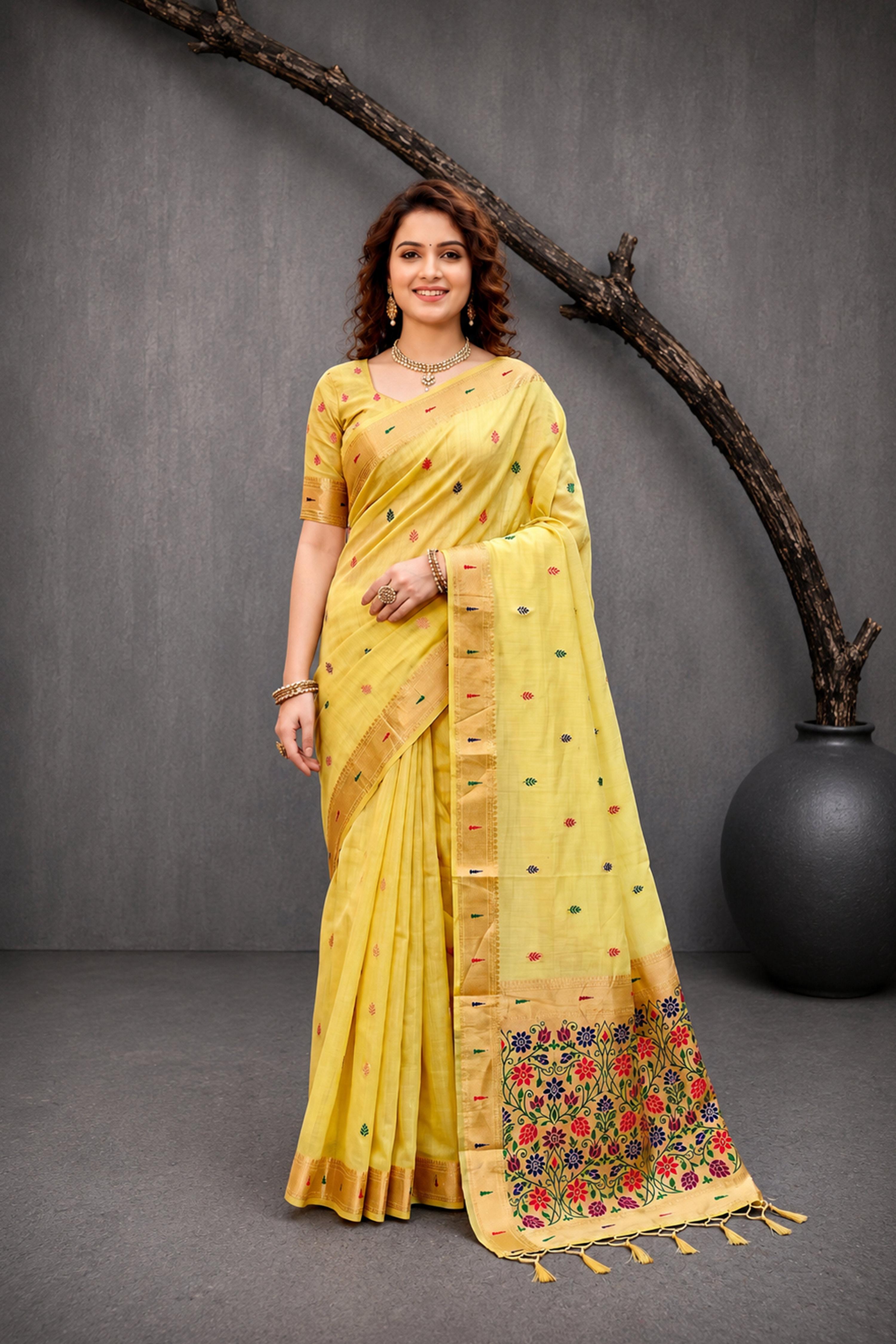 Sangam Prints Yellow Cotton Blend Woven Work Traditional Saree | Grocsy