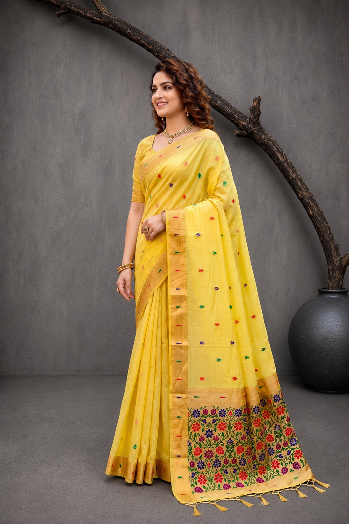 Sangam Prints Yellow Cotton Blend Woven Work Traditional Saree | Grocsy