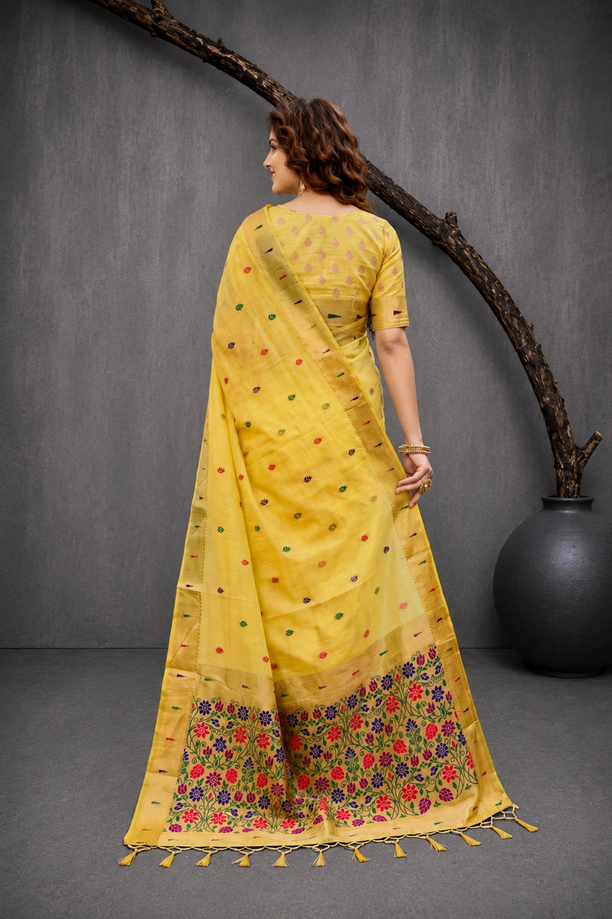 Sangam Prints Yellow Cotton Blend Woven Work Traditional Saree | Grocsy
