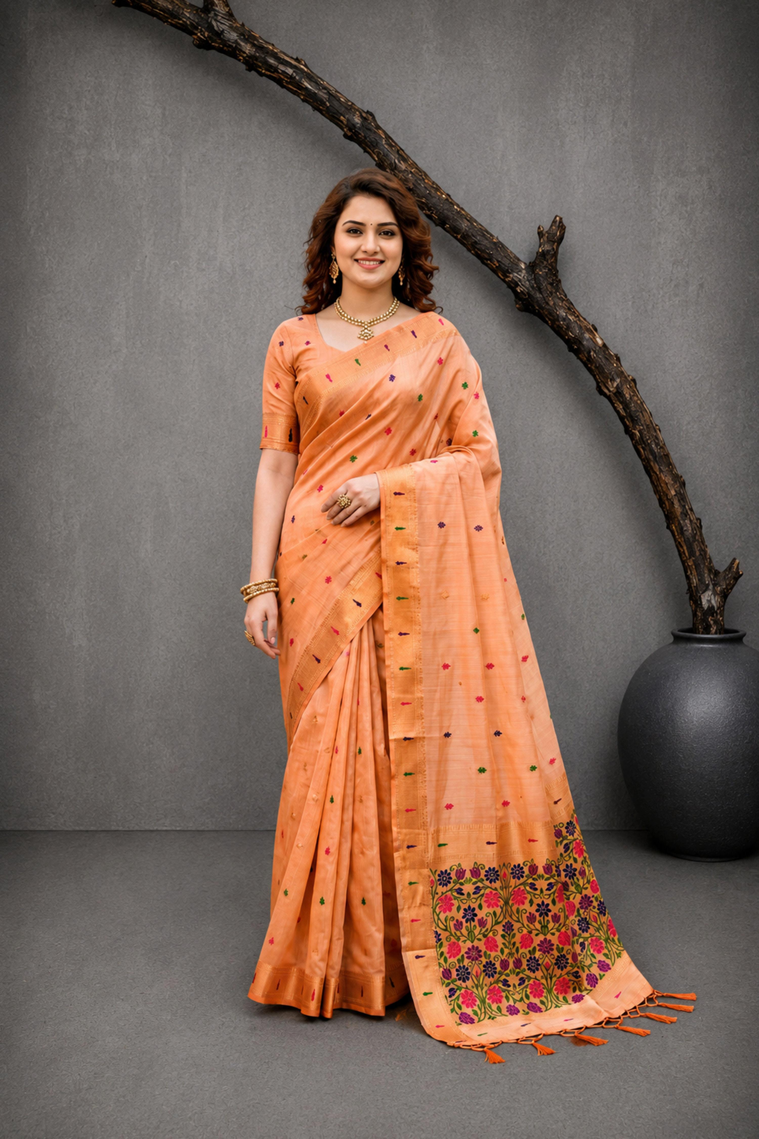 Sangam Prints Peach Cotton Blend Woven Work Traditional Saree | Grocsy