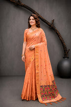 Sangam Prints Peach Cotton Blend Woven Work Traditional Saree | Grocsy