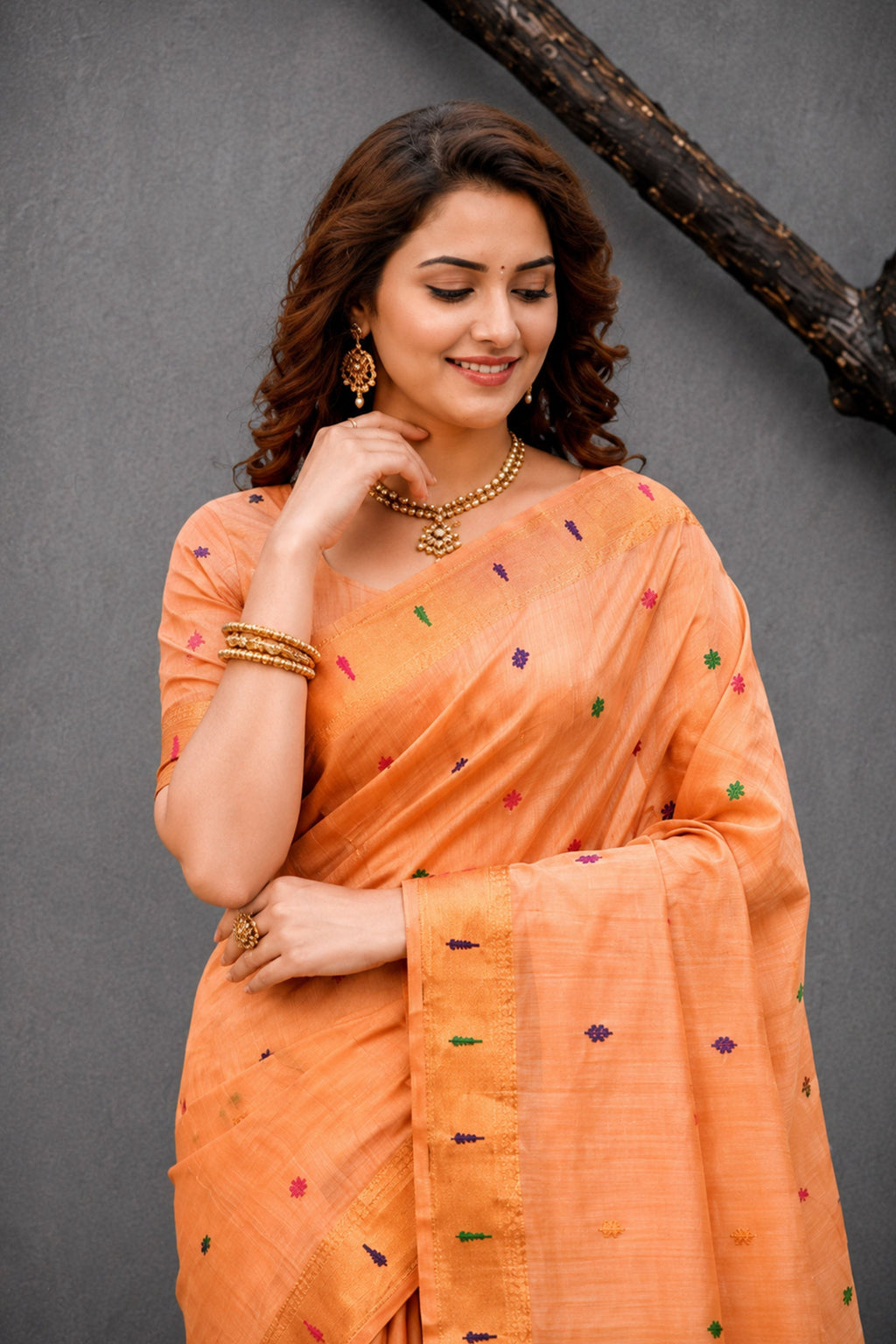 Sangam Prints Peach Cotton Blend Woven Work Traditional Saree | Grocsy