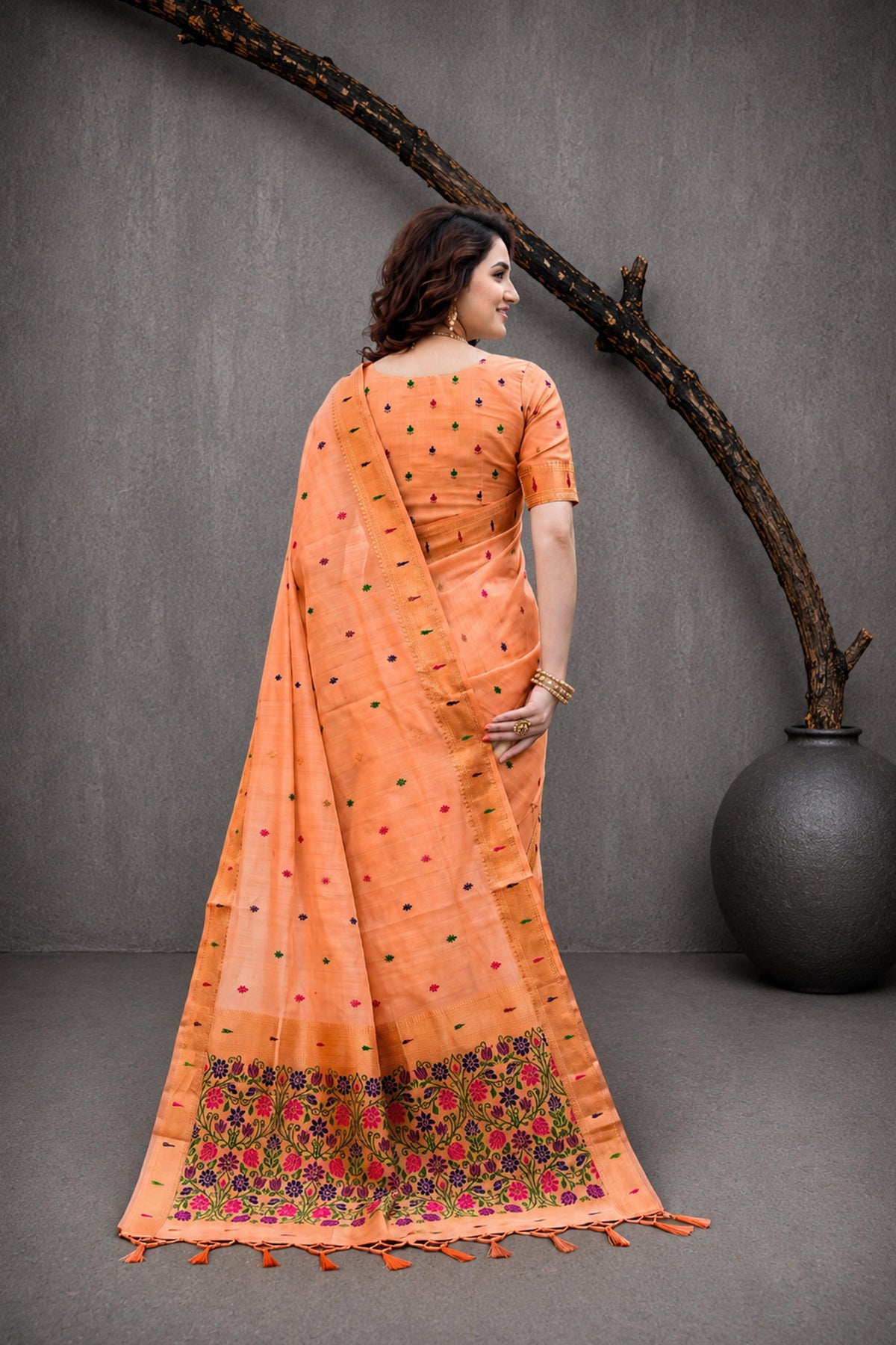 Sangam Prints Peach Cotton Blend Woven Work Traditional Saree | Grocsy