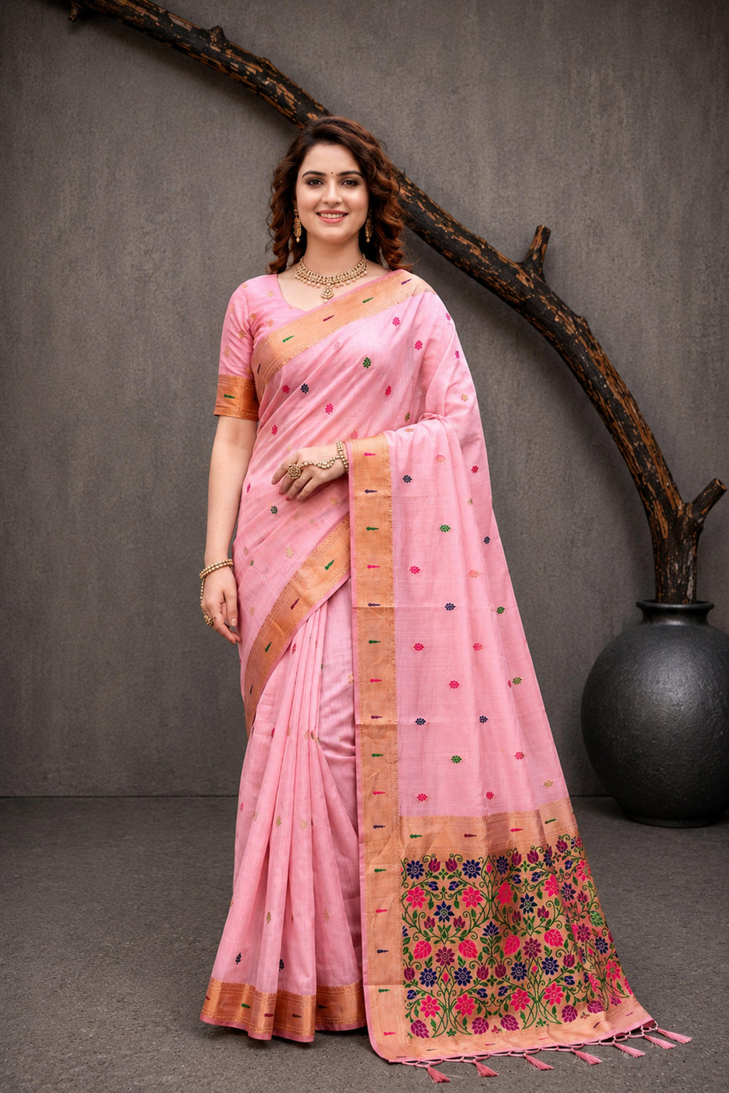 Sangam Prints Pink Cotton Blend Woven Work Traditional Saree | Grocsy