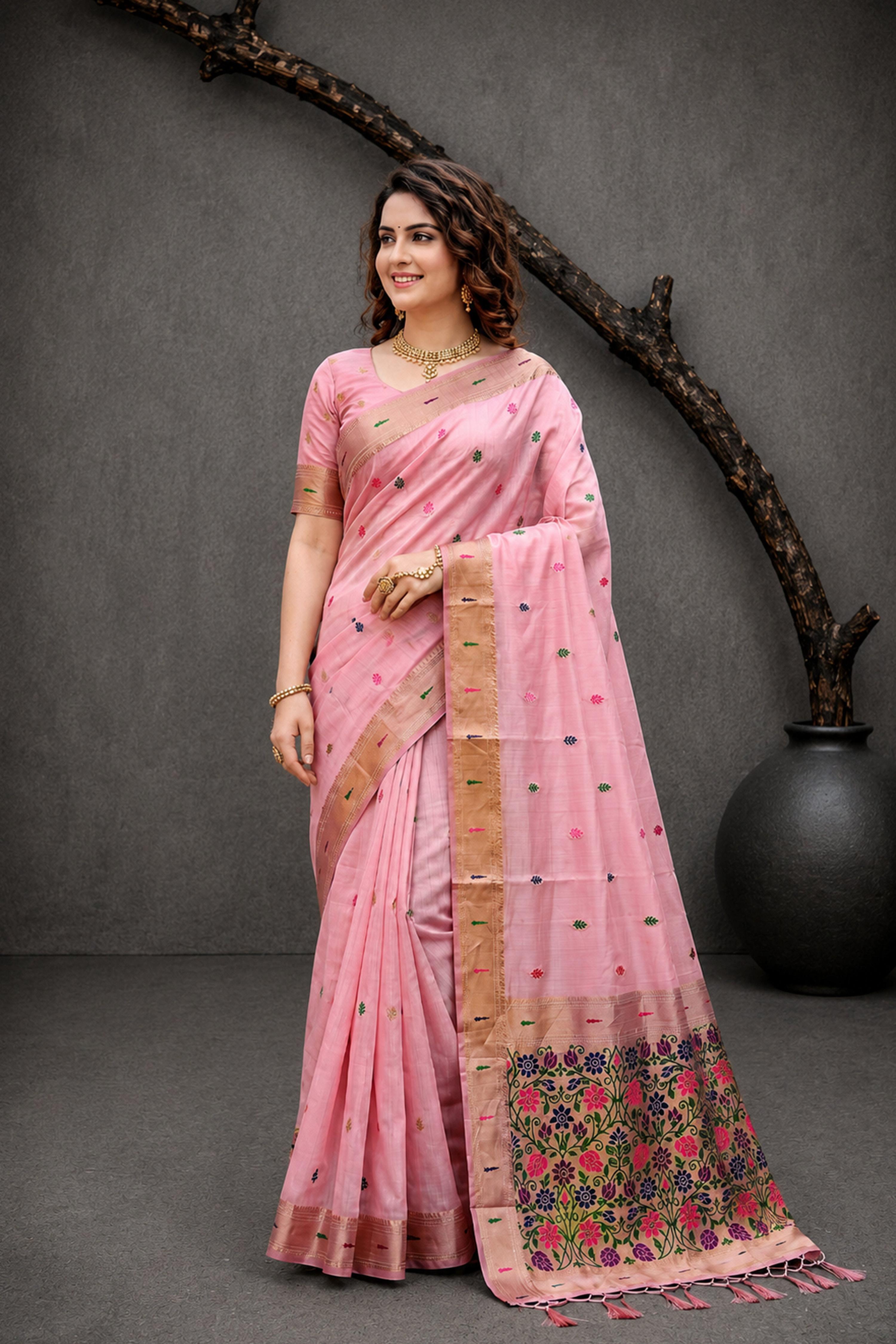 Sangam Prints Pink Cotton Blend Woven Work Traditional Saree | Grocsy