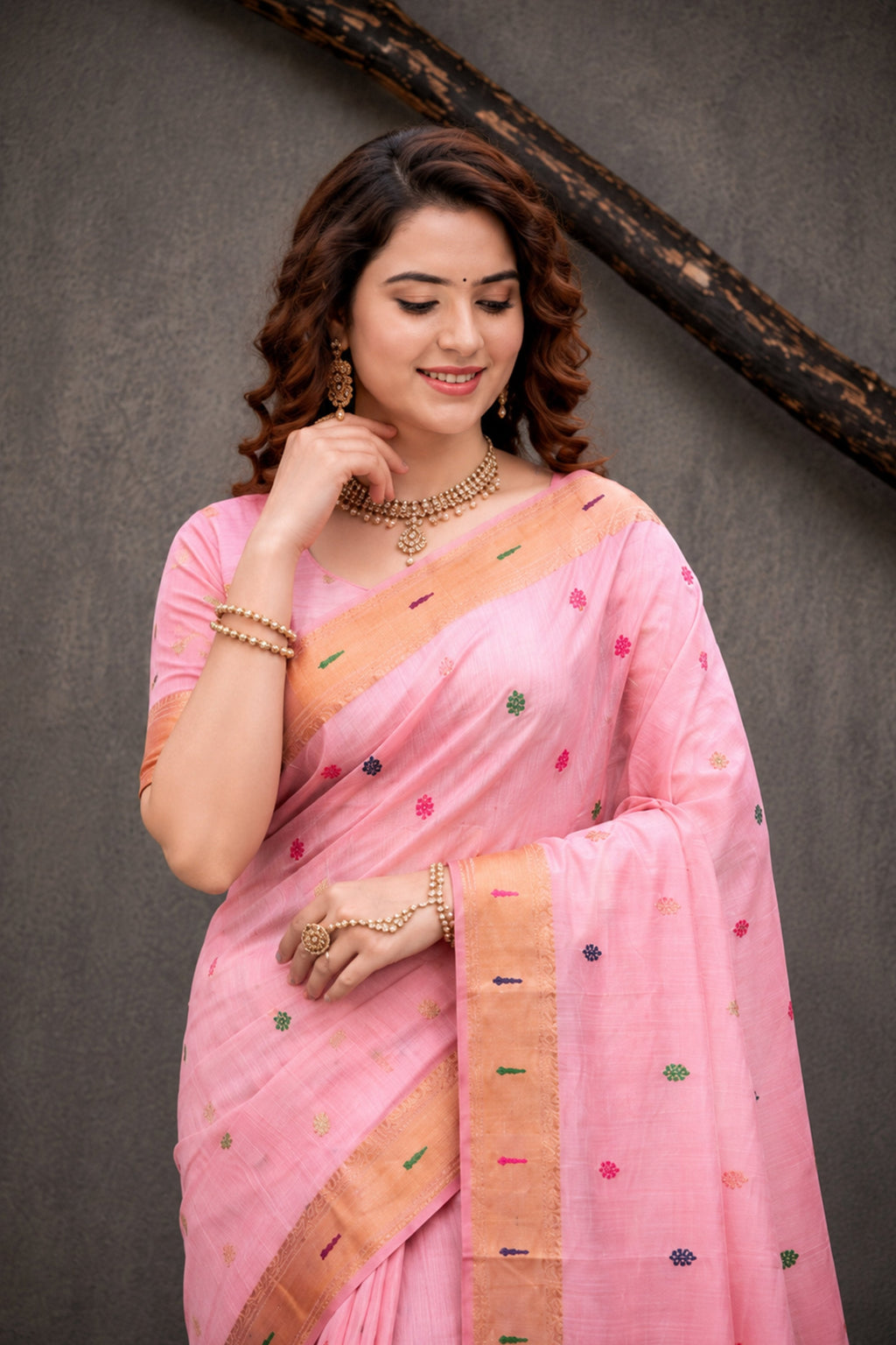 Sangam Prints Pink Cotton Blend Woven Work Traditional Saree | Grocsy