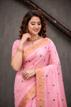 Sangam Prints Pink Cotton Blend Woven Work Traditional Saree | Grocsy