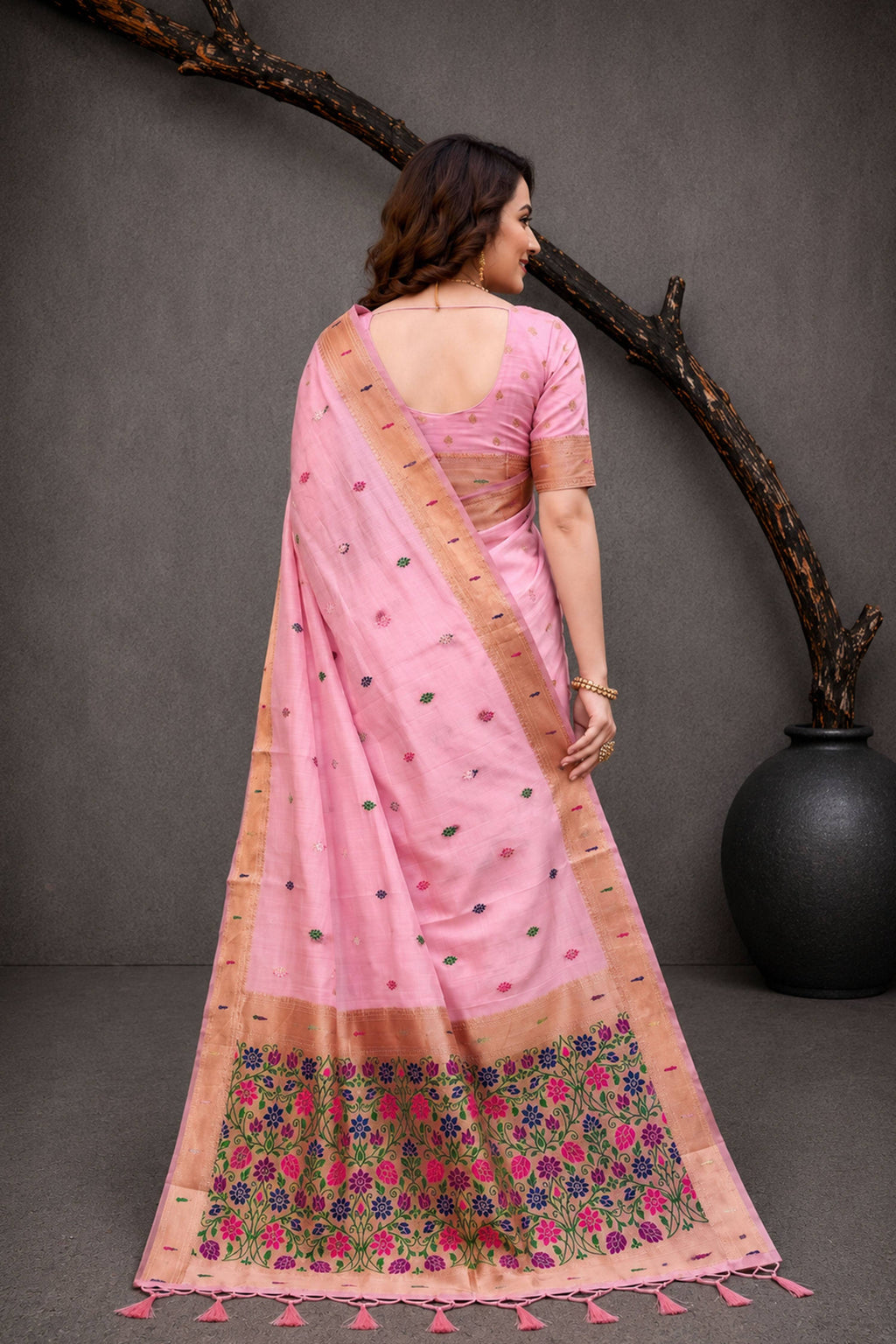Sangam Prints Pink Cotton Blend Woven Work Traditional Saree | Grocsy