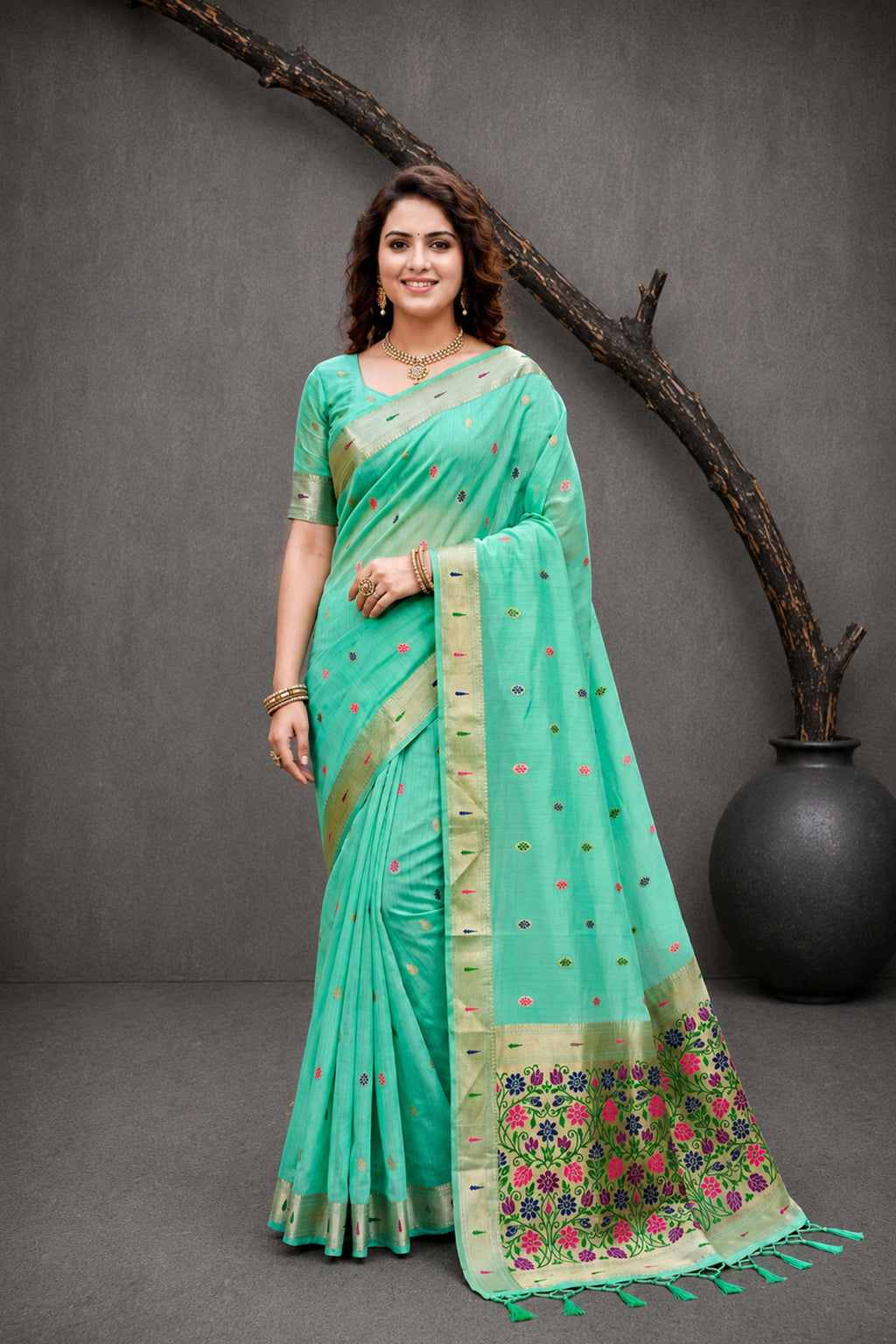 Sangam Prints Aqua Mint Green Cotton Blend Woven Work Traditional Saree | Grocsy