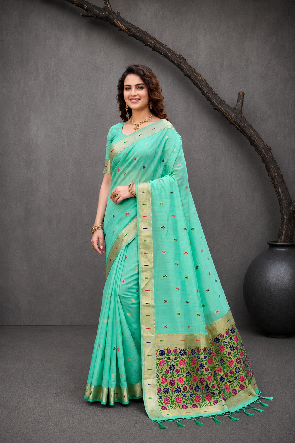 Sangam Prints Aqua Mint Green Cotton Blend Woven Work Traditional Saree | Grocsy