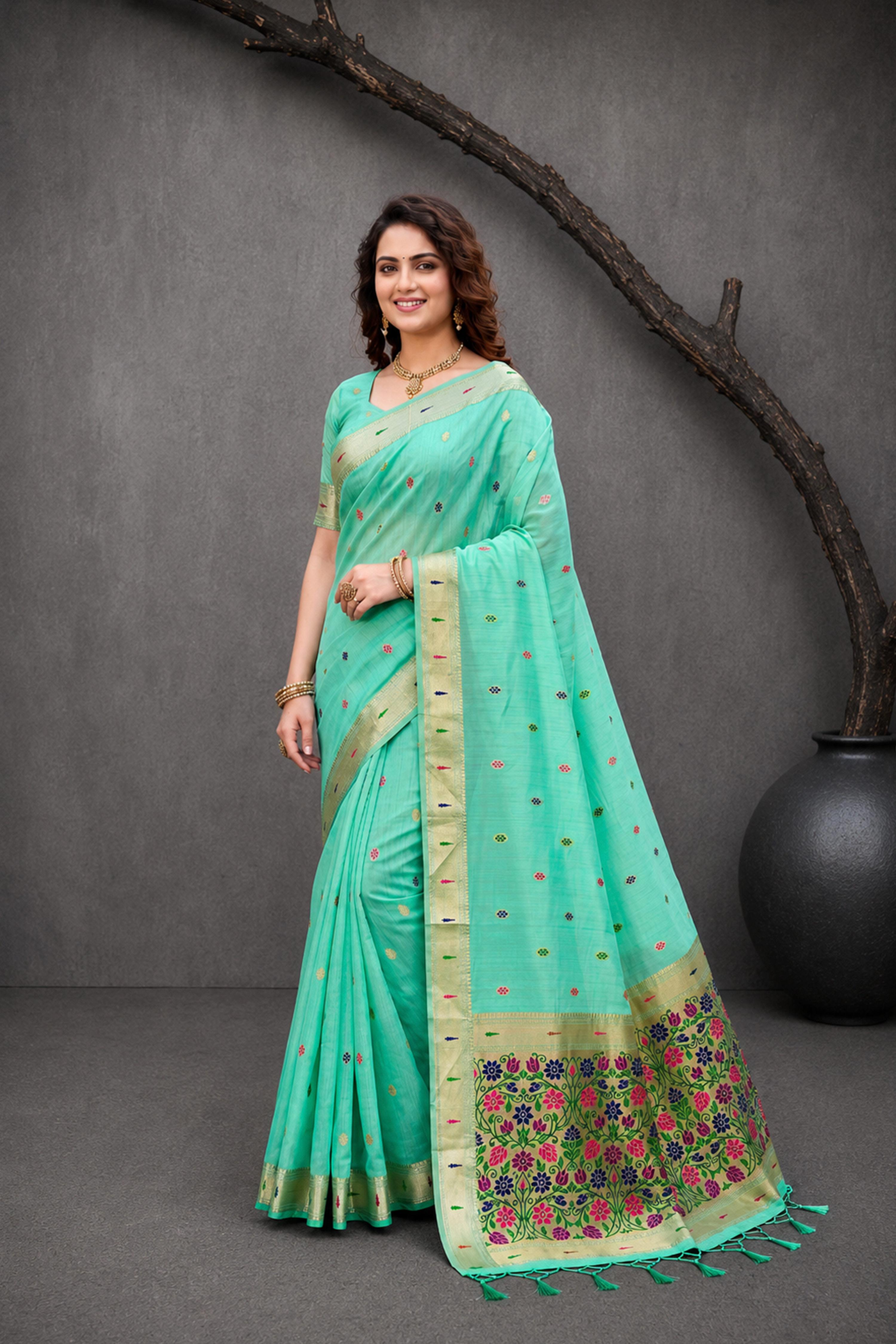 Sangam Prints Aqua Mint Green Cotton Blend Woven Work Traditional Saree | Grocsy