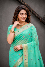Sangam Prints Aqua Mint Green Cotton Blend Woven Work Traditional Saree | Grocsy
