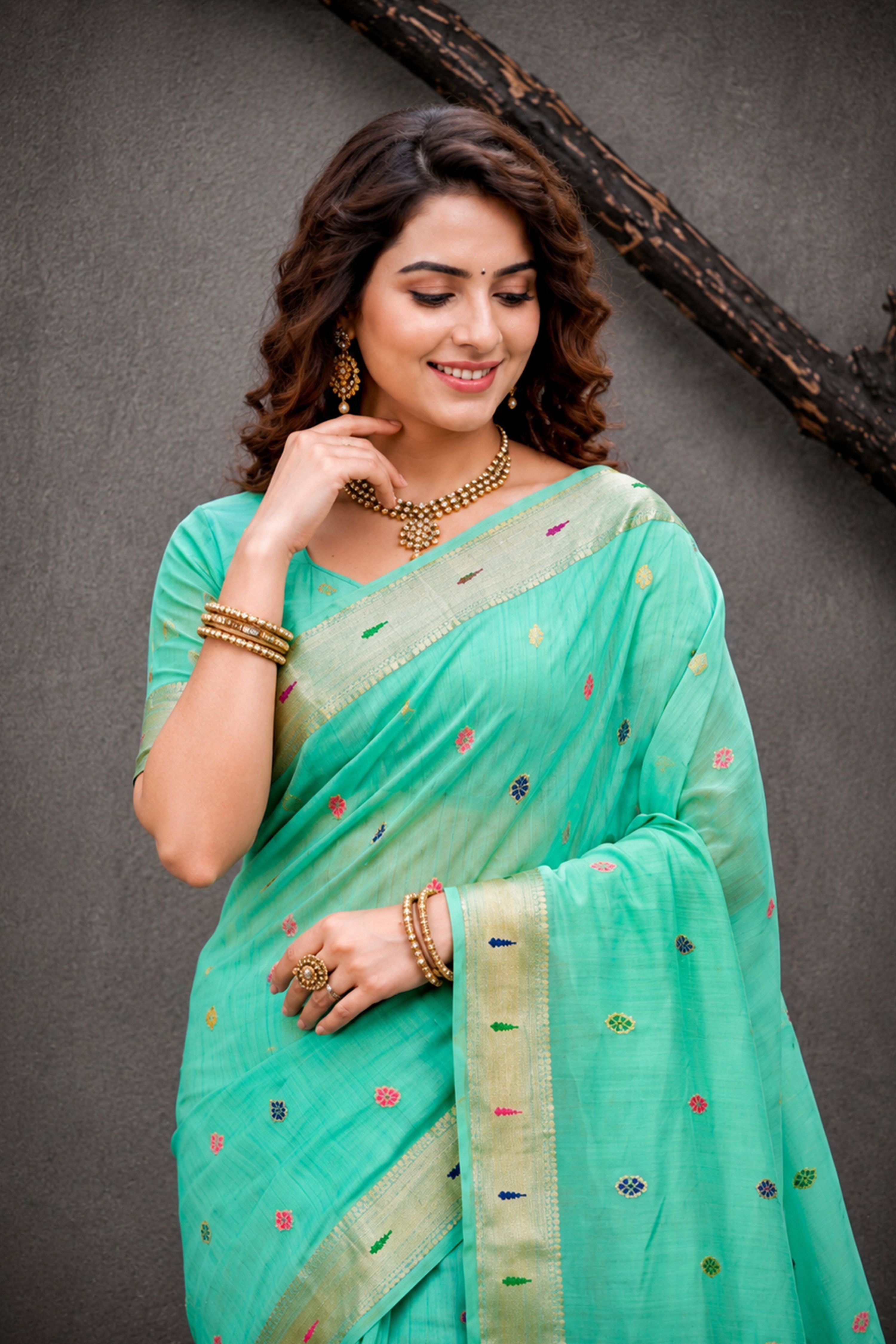 Sangam Prints Aqua Mint Green Cotton Blend Woven Work Traditional Saree | Grocsy