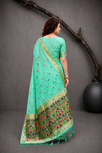 Sangam Prints Aqua Mint Green Cotton Blend Woven Work Traditional Saree | Grocsy