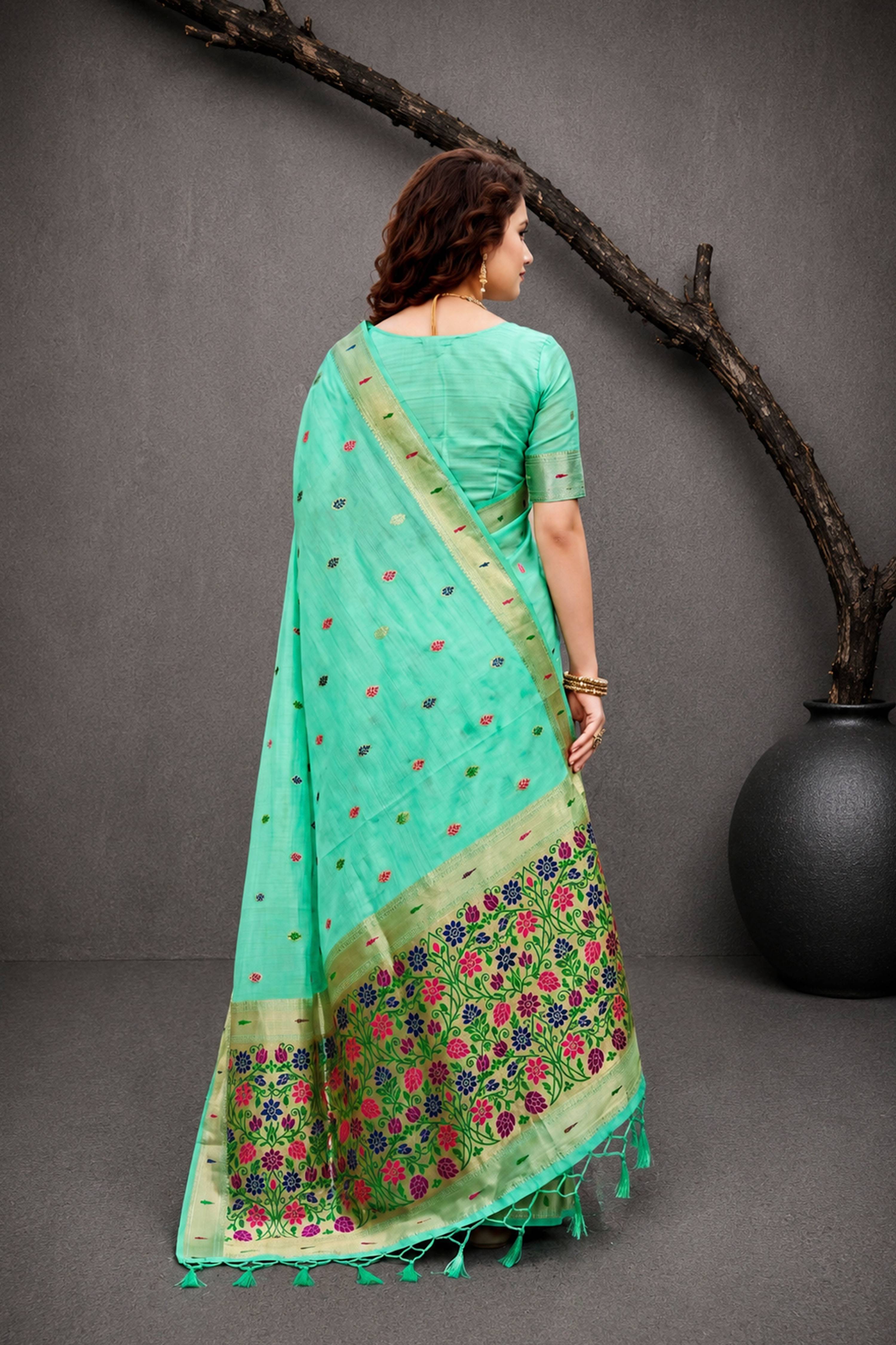 Sangam Prints Aqua Mint Green Cotton Blend Woven Work Traditional Saree | Grocsy