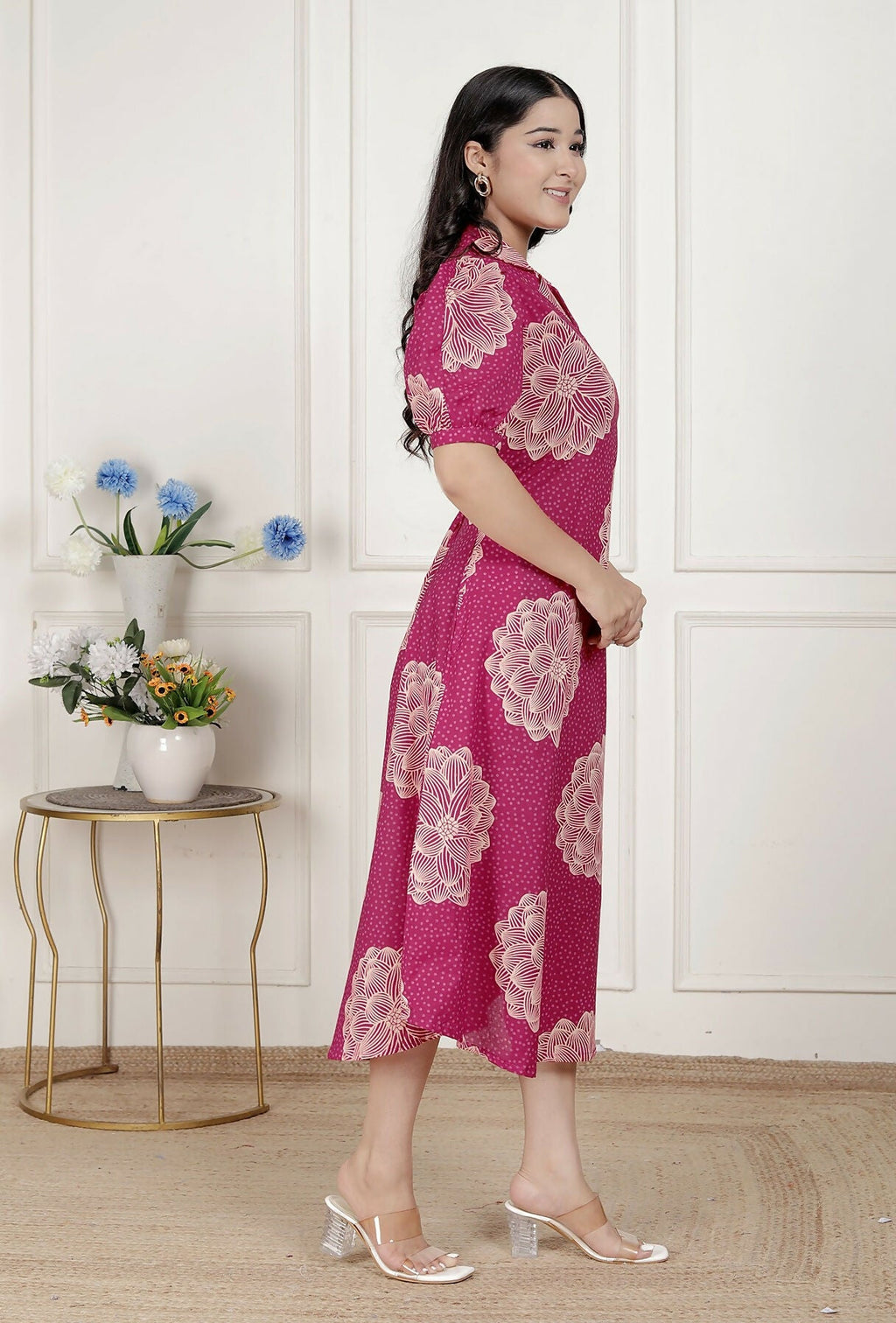 Miravan Womens Pink Printed Collar Neck Short Puff Sleeves Cotton A-Line Maxi Dress | Grocsy