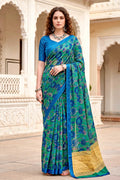Sangam Prints Peacock Green Cotton Blend Woven Work Traditional Saree | Grocsy