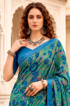 Sangam Prints Peacock Green Cotton Blend Woven Work Traditional Saree | Grocsy