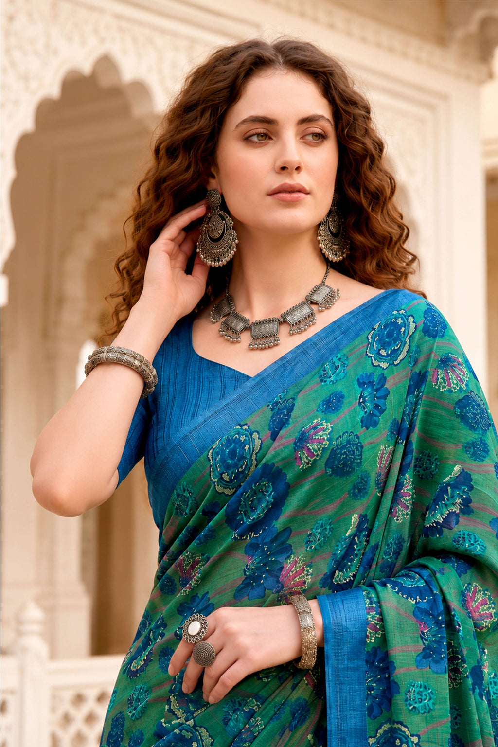 Sangam Prints Peacock Green Cotton Blend Woven Work Traditional Saree | Grocsy