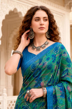 Sangam Prints Peacock Green Cotton Blend Woven Work Traditional Saree | Grocsy