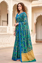 Sangam Prints Peacock Green Cotton Blend Woven Work Traditional Saree | Grocsy