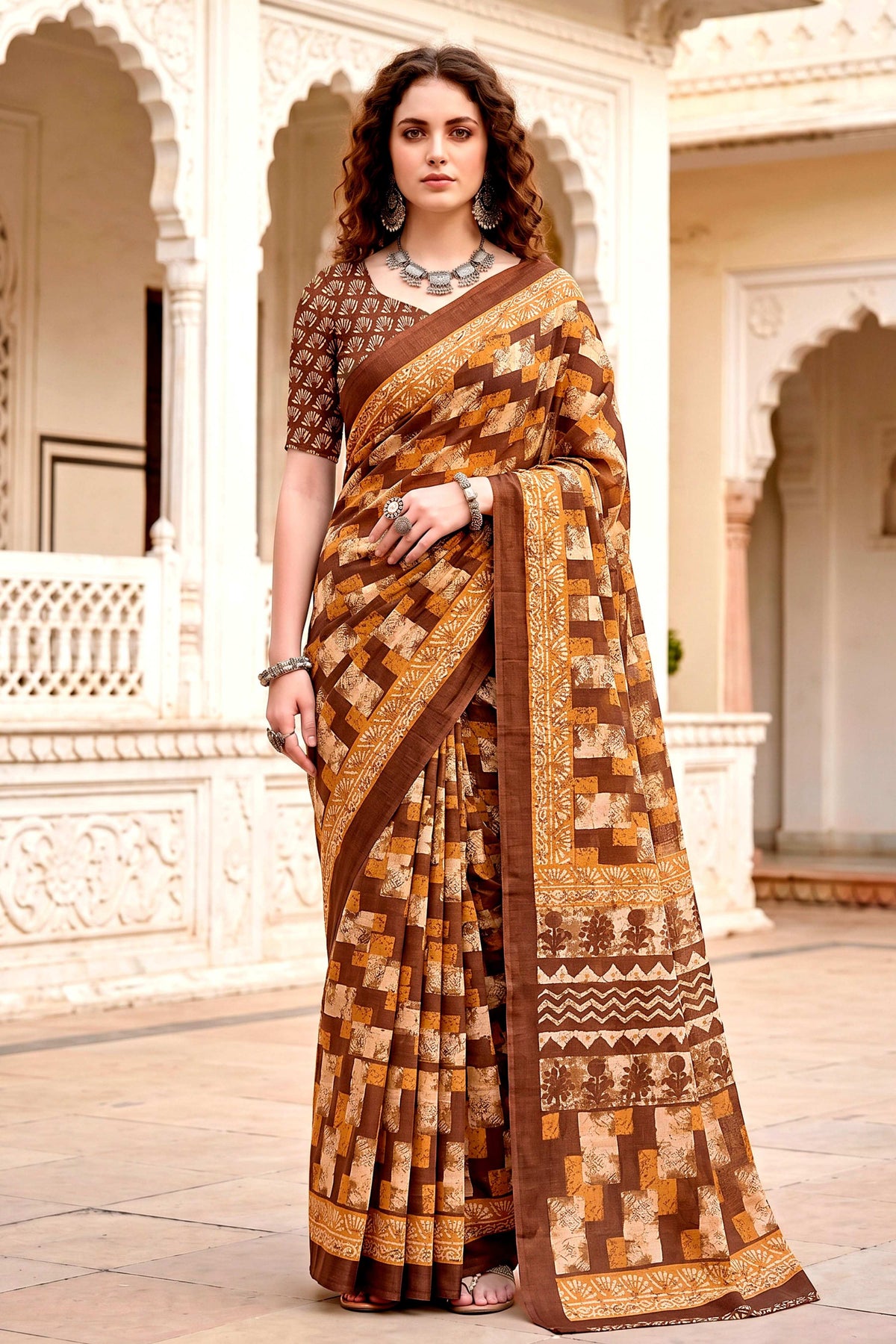 Sangam Prints Coffee Brown Cotton Blend Woven Work Traditional Saree | Grocsy