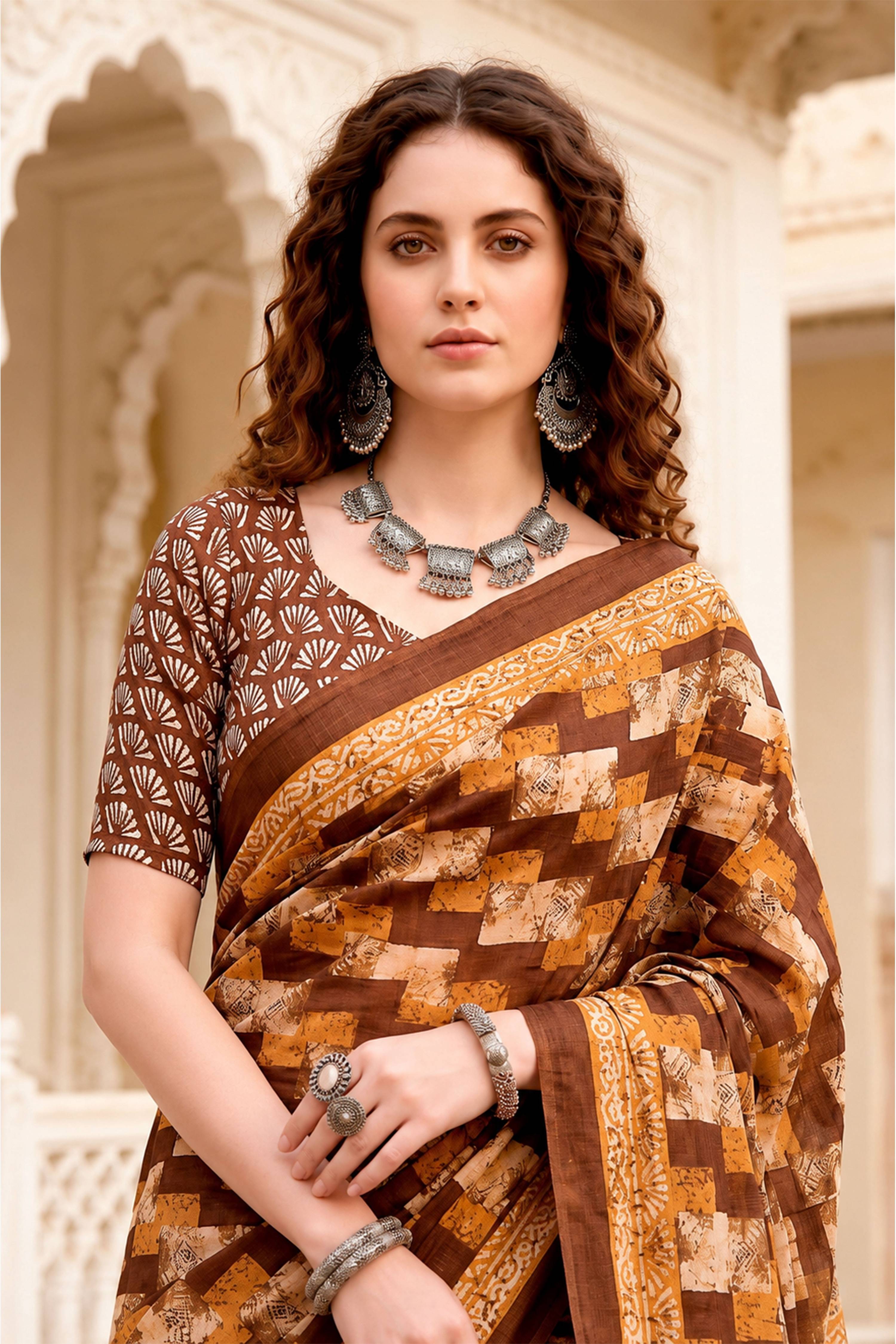 Sangam Prints Coffee Brown Cotton Blend Woven Work Traditional Saree | Grocsy