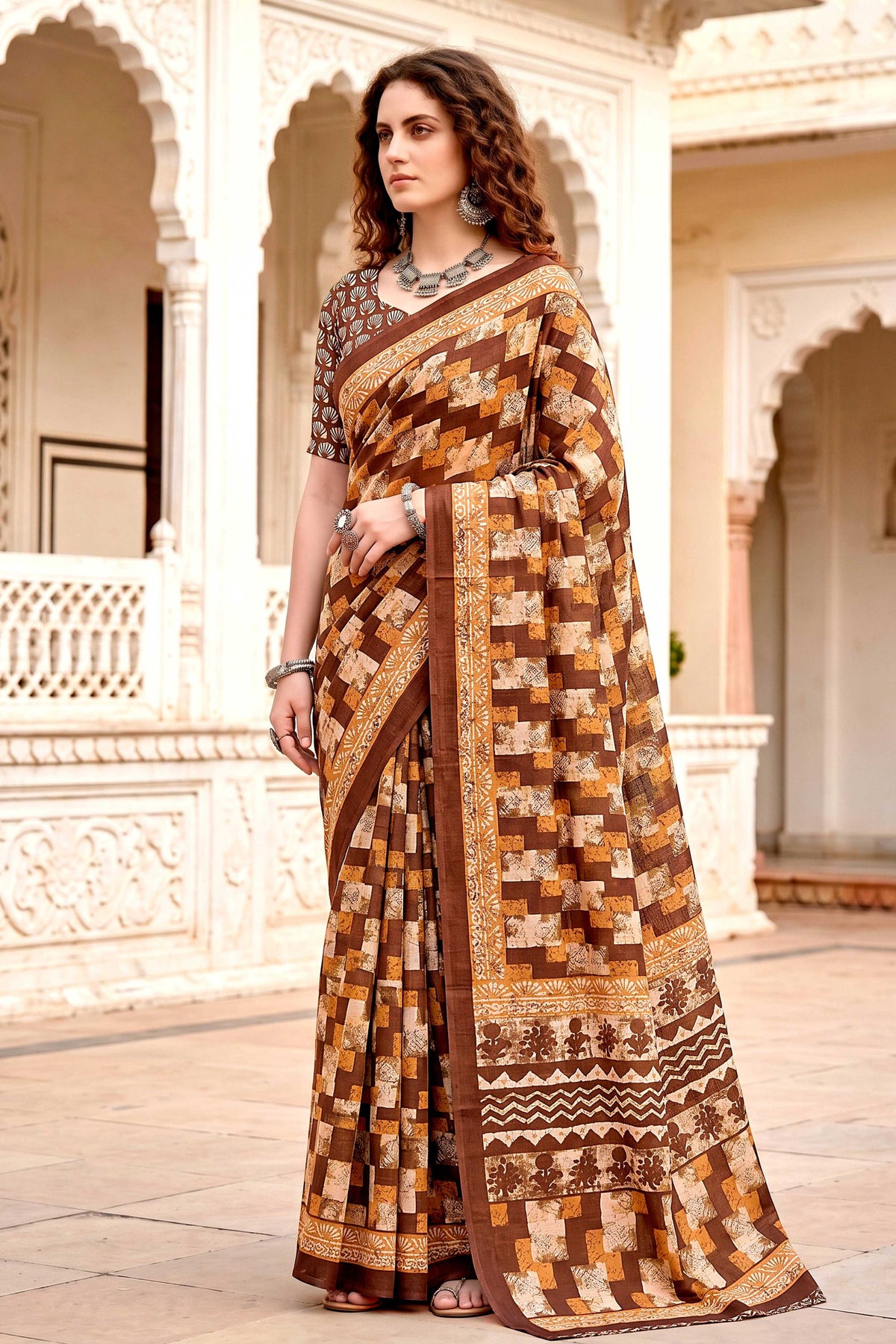 Sangam Prints Coffee Brown Cotton Blend Woven Work Traditional Saree | Grocsy