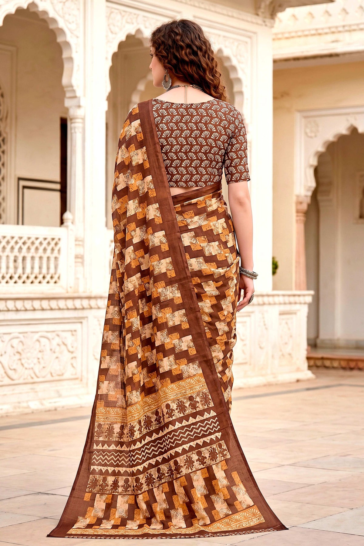 Sangam Prints Coffee Brown Cotton Blend Woven Work Traditional Saree | Grocsy