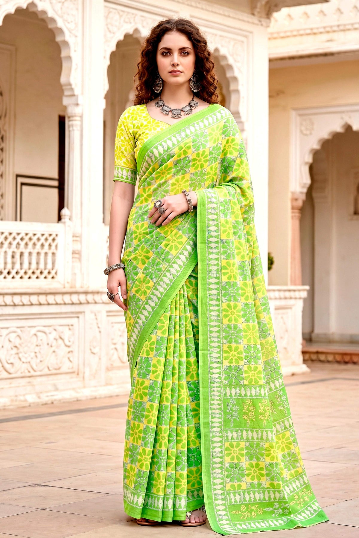 Sangam Prints Parrot Green Cotton Blend Woven Work Traditional Saree | Grocsy