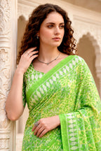 Sangam Prints Parrot Green Cotton Blend Woven Work Traditional Saree | Grocsy