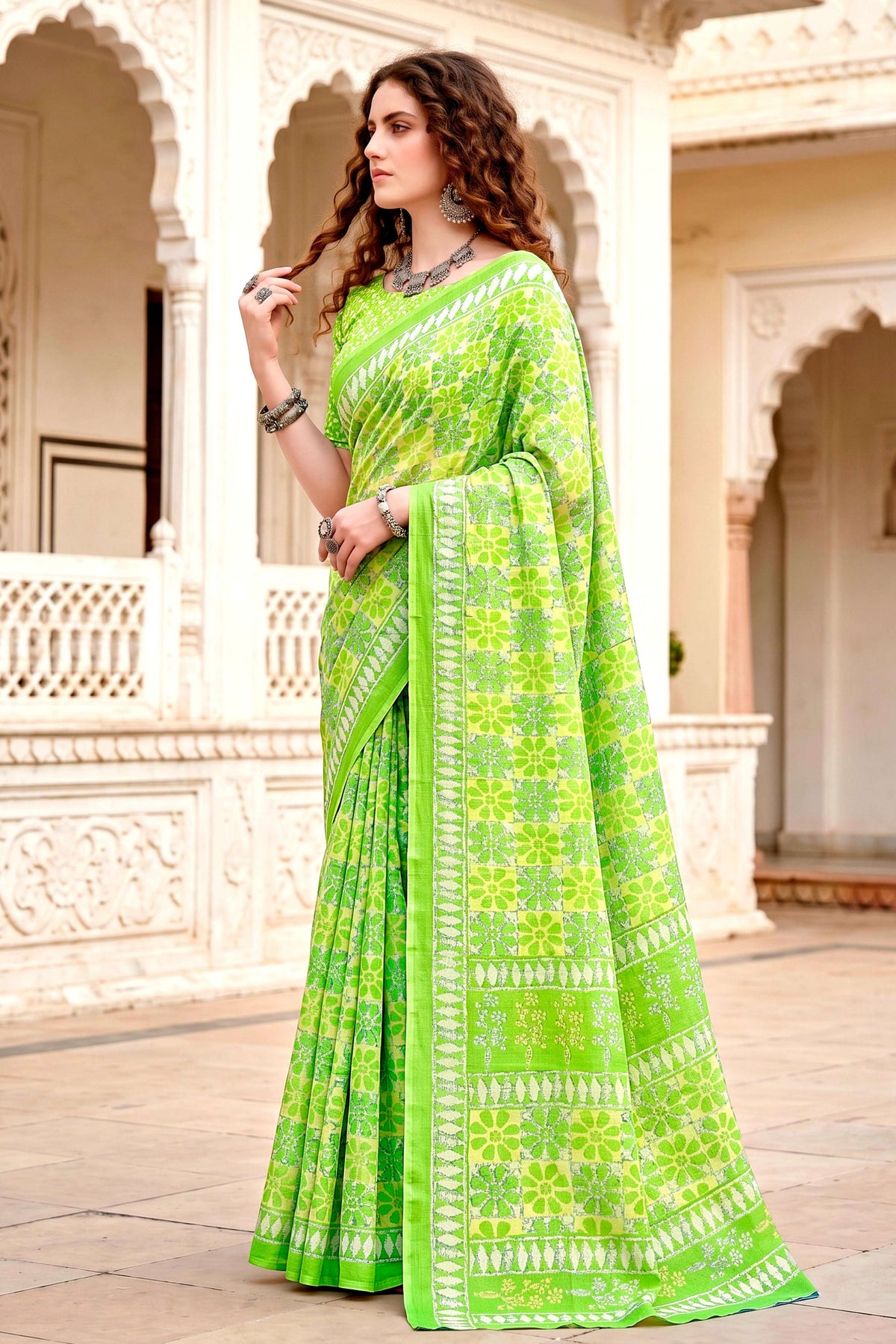 Sangam Prints Parrot Green Cotton Blend Woven Work Traditional Saree | Grocsy
